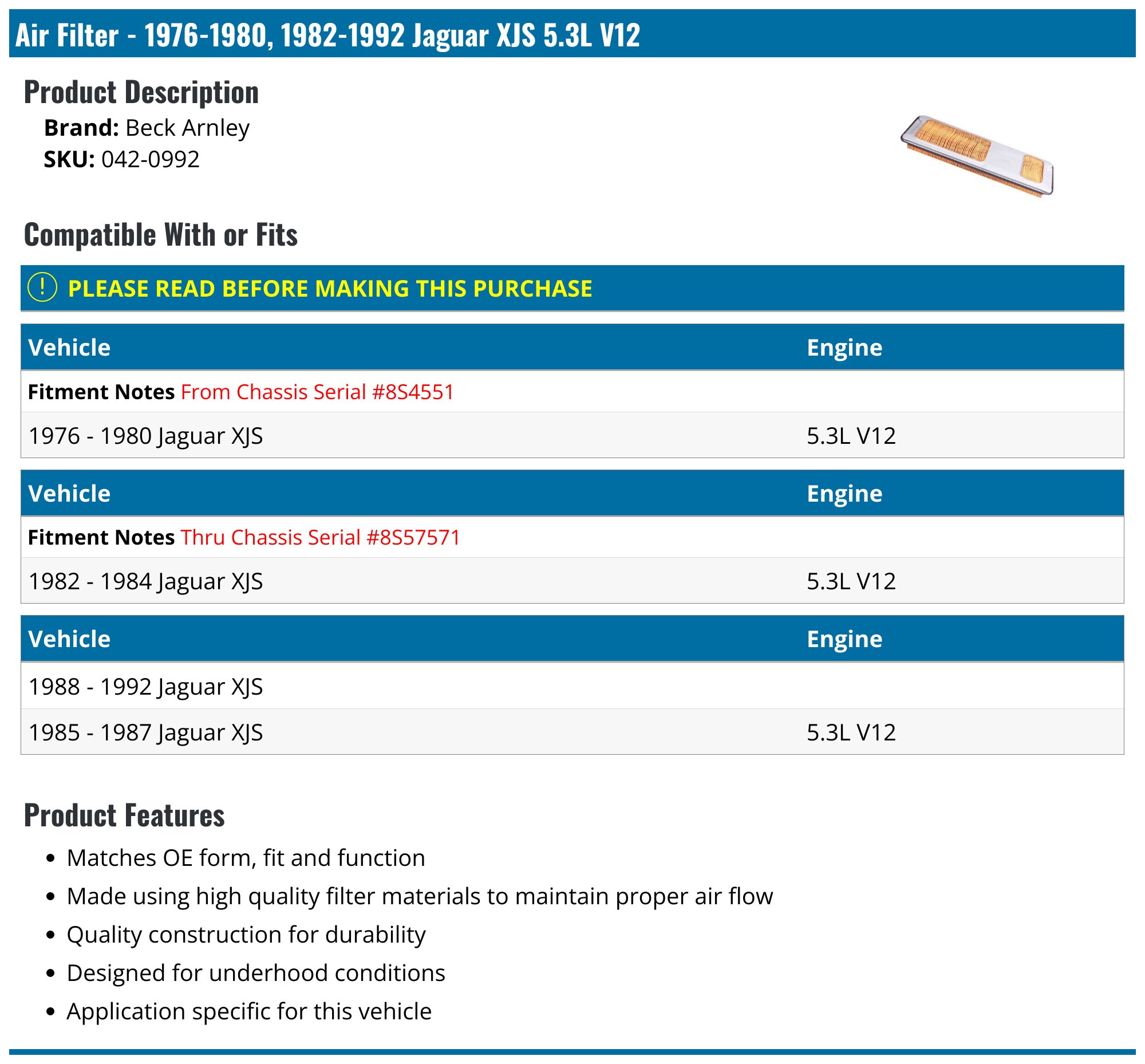 Air Filter - 1976-1980, 1982-1992 Jaguar XJS 5.3L V12 - Beck Arnley 618-05011047