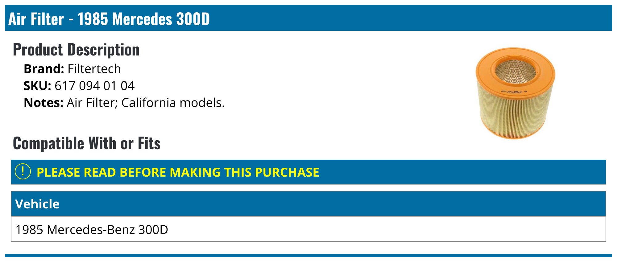 Air Filter - 1985 Mercedes 300D - Filtertech 6193-08049762