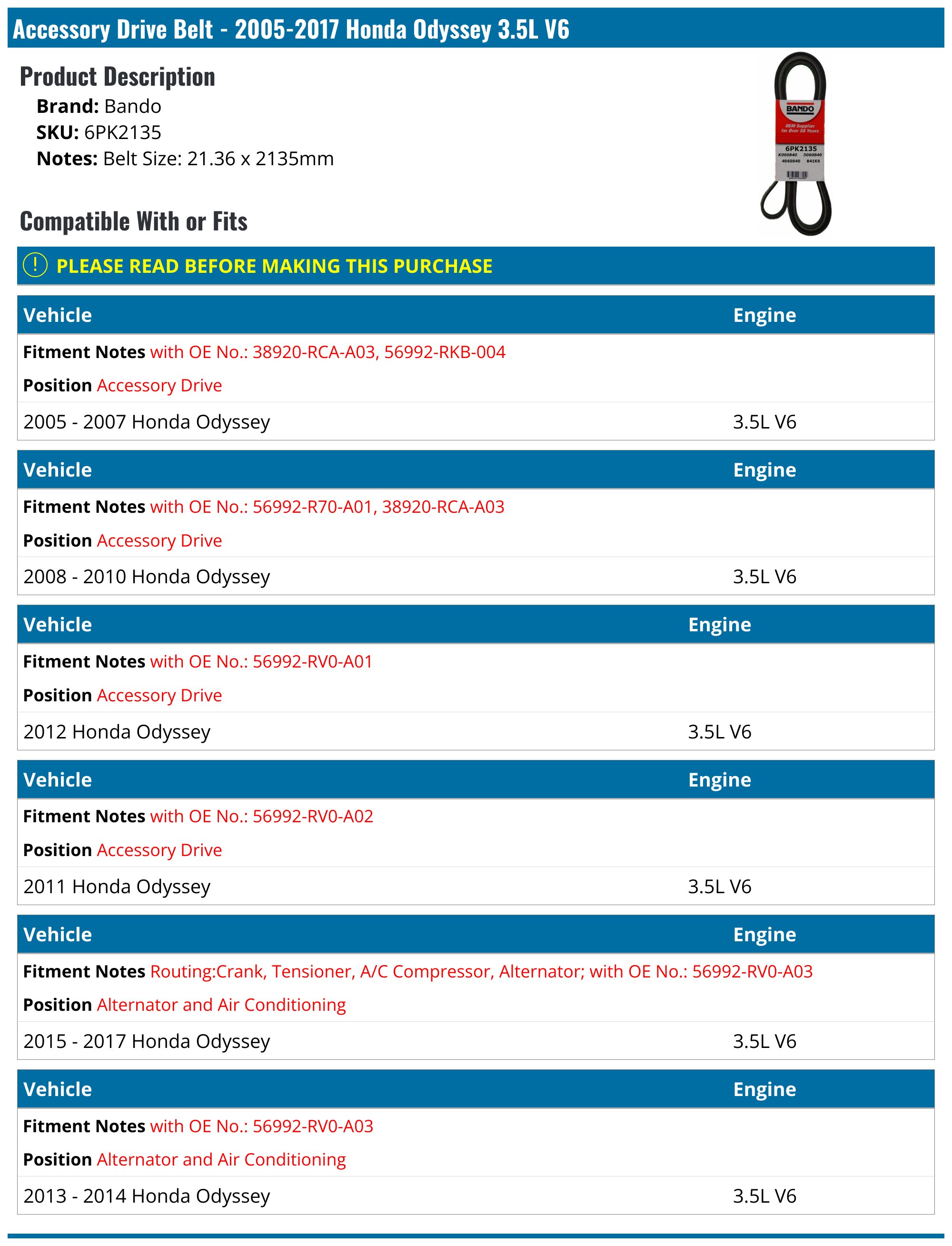 Accessory Drive Accessory Drive Belt - 2005-2017 Honda Odyssey 3.5L V6 - Bando 18373-02572148