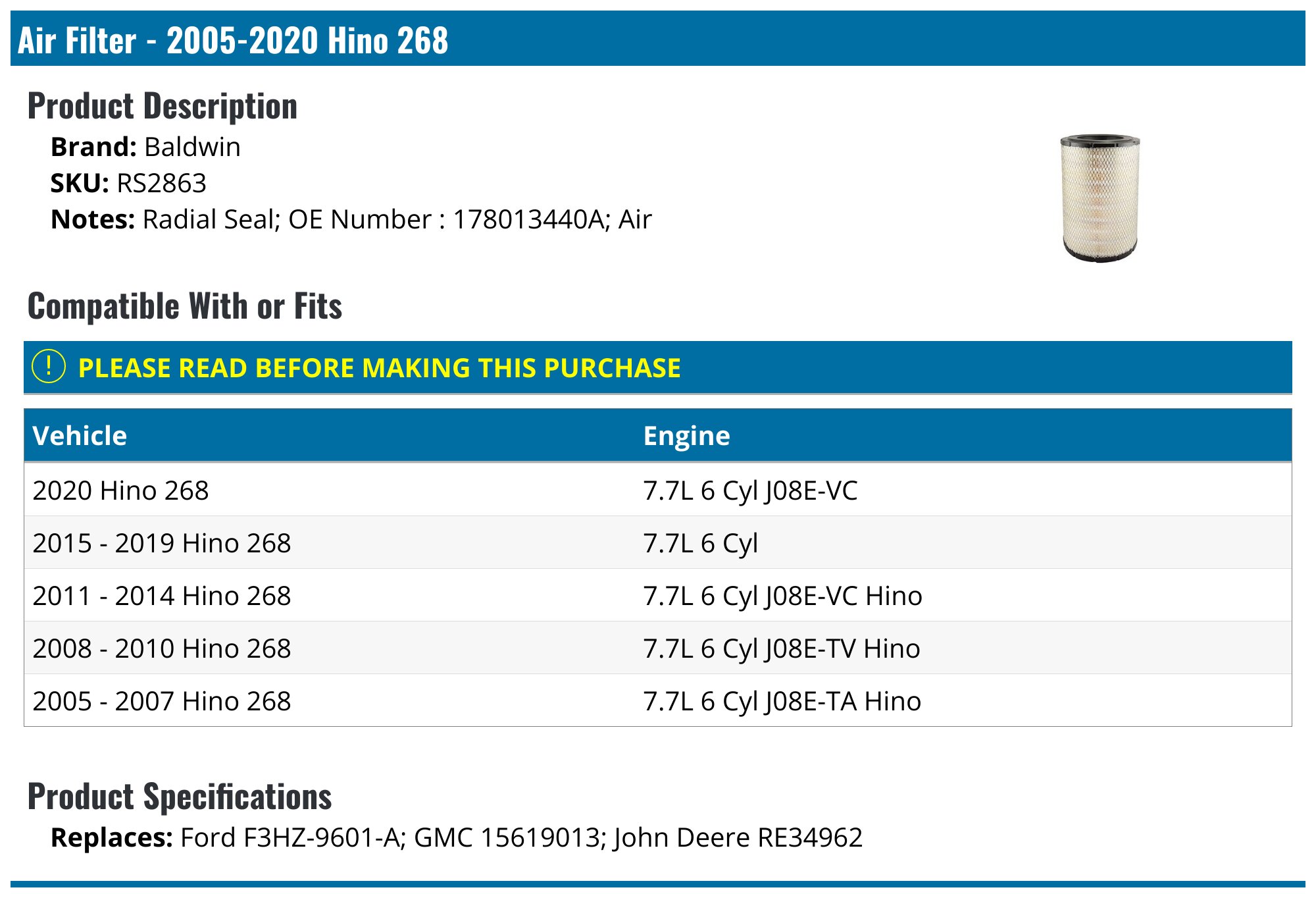 Air Filter - 2005-2020 Hino 268 - Baldwin 27124-06086641