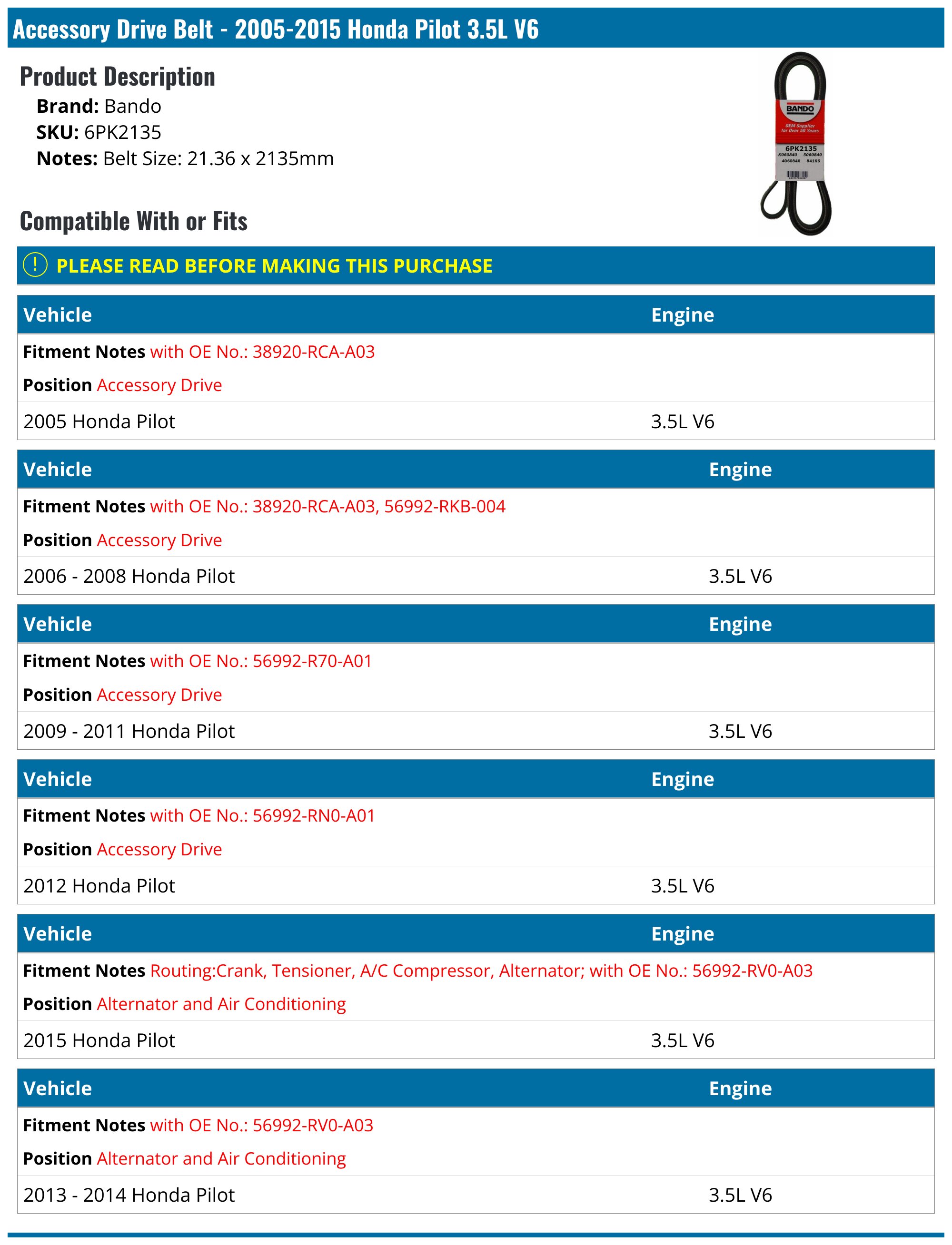 Accessory Drive Accessory Drive Belt - 2005-2015 Honda Pilot 3.5L V6 - Bando 18375-02572148