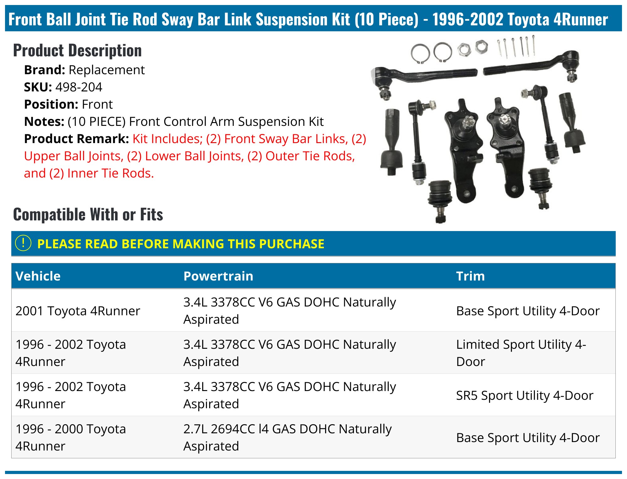 Front Ball Joint Tie Rod Sway Bar Link Suspension Kit (10 Piece) - 1996-2002 Toyota 4Runner - Replacement 7919-02502526