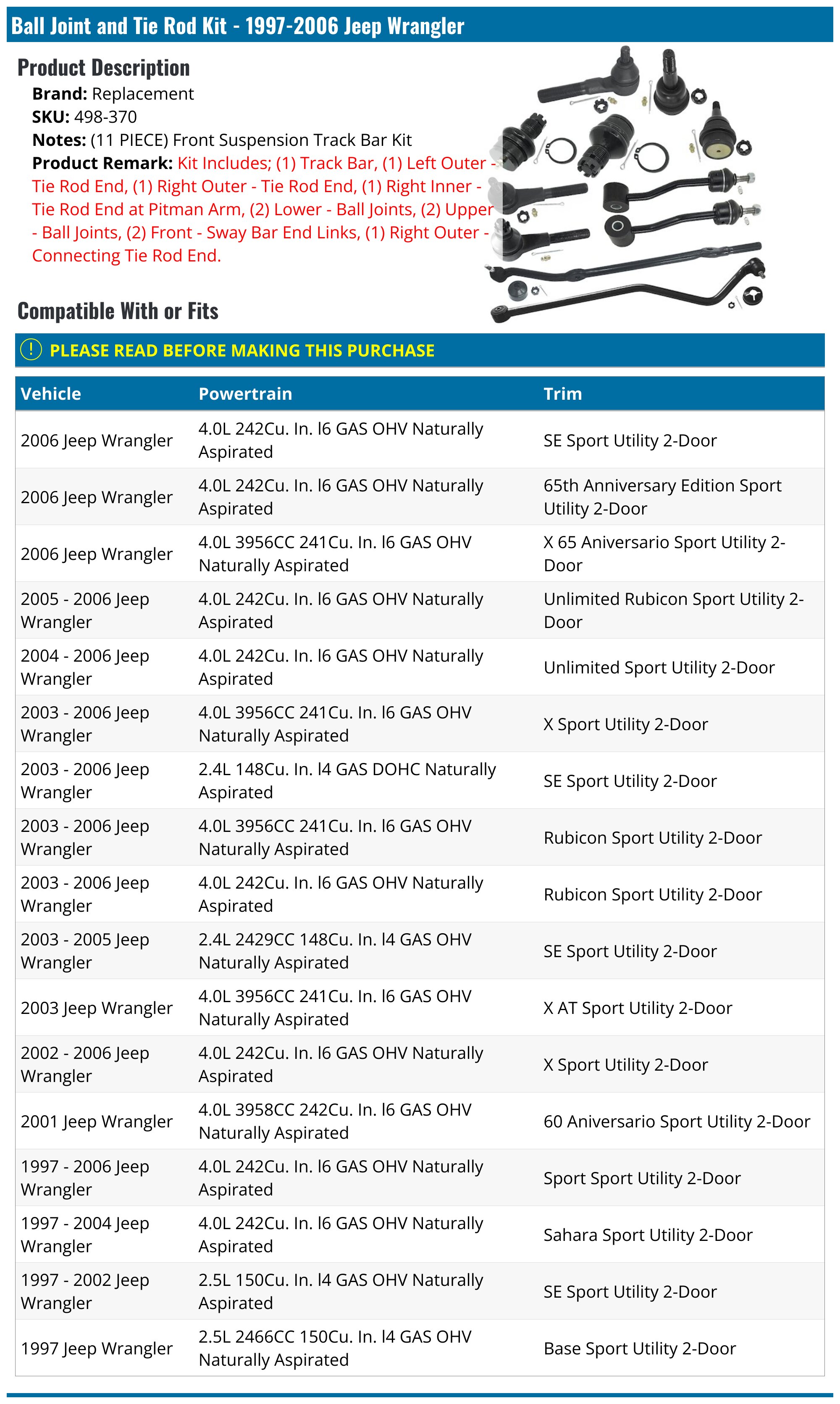 Ball Joint and Tie Rod Kit - 1997-2006 Jeep Wrangler - Replacement 2329-02184688