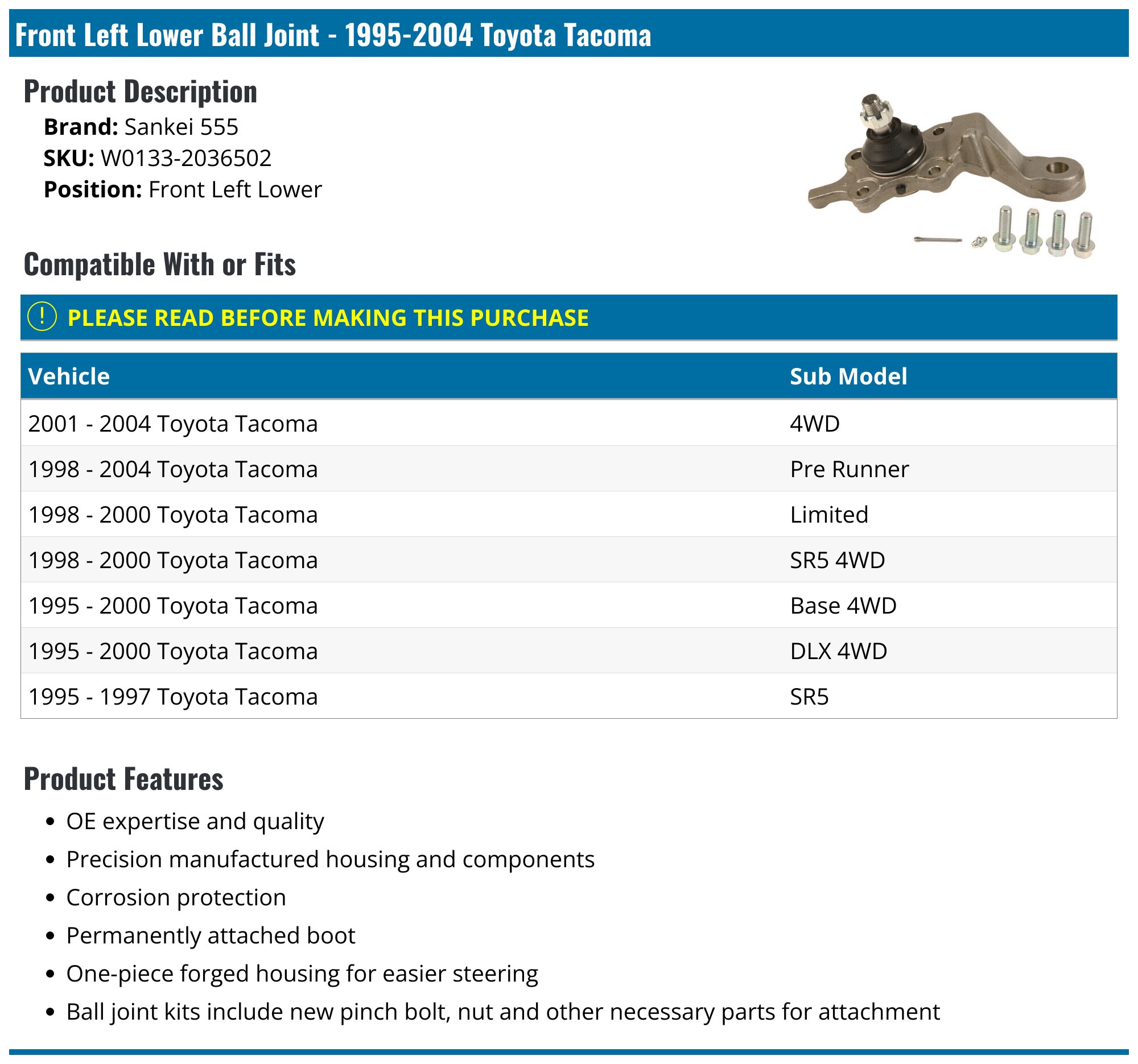Front Left Lower Ball Joint - 1995-2004 Toyota Tacoma - Sankei 555 W0133-2036502