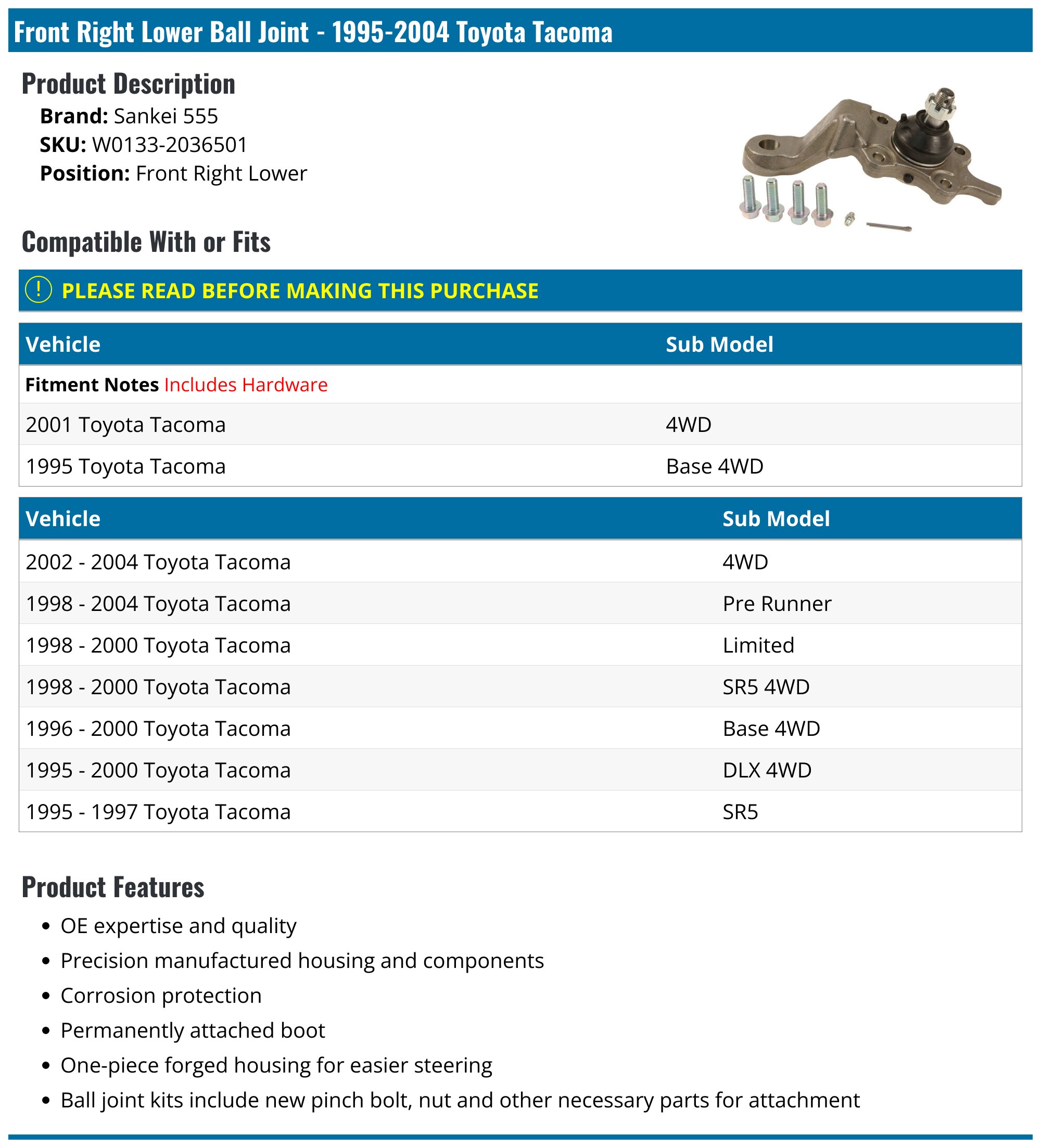Front Right Lower Ball Joint - 1995-2004 Toyota Tacoma - Sankei 555 W0133-2036501