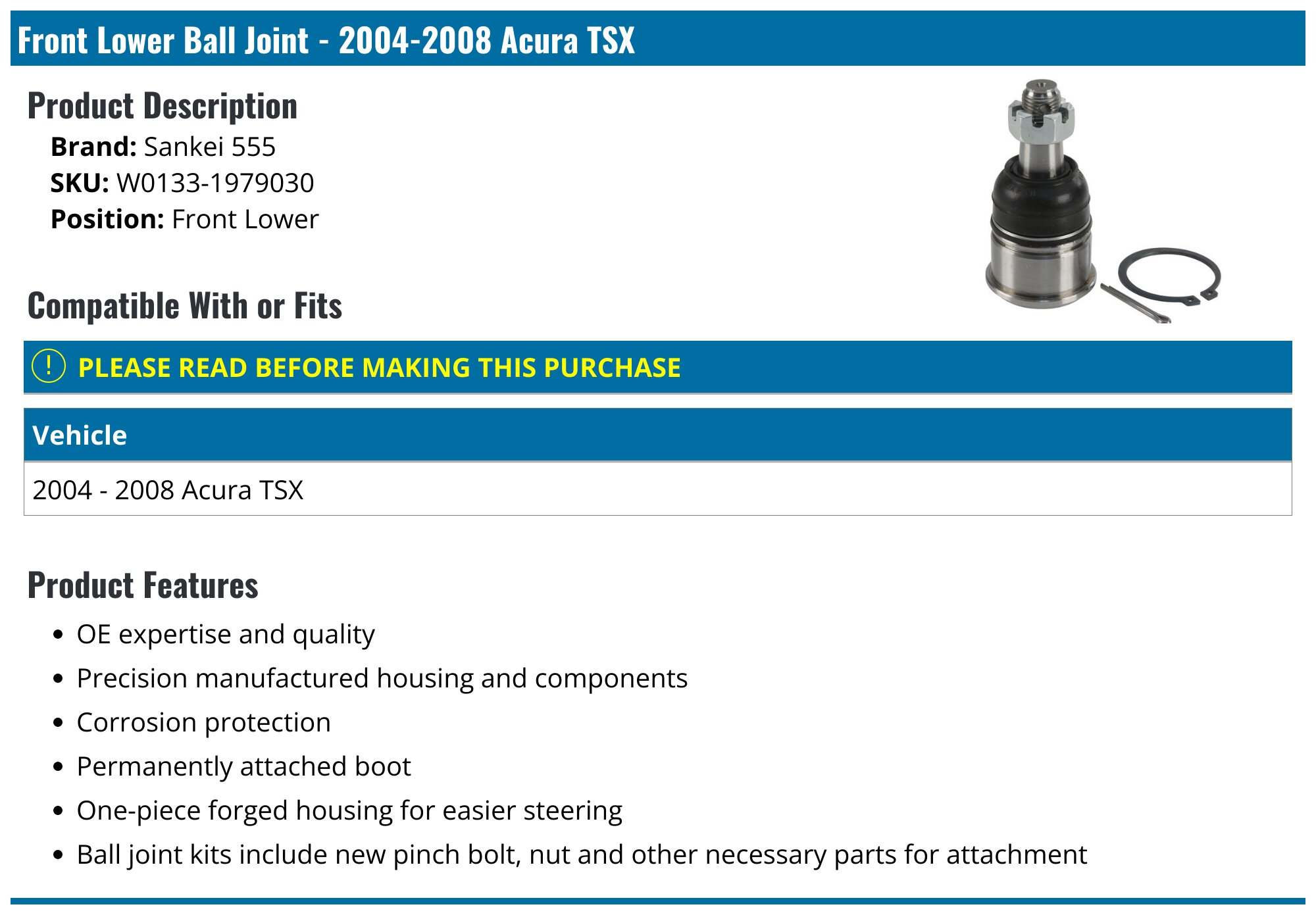 Front Lower Ball Joint - 2004-2008 Acura TSX - Sankei 555 W0133-1979030
