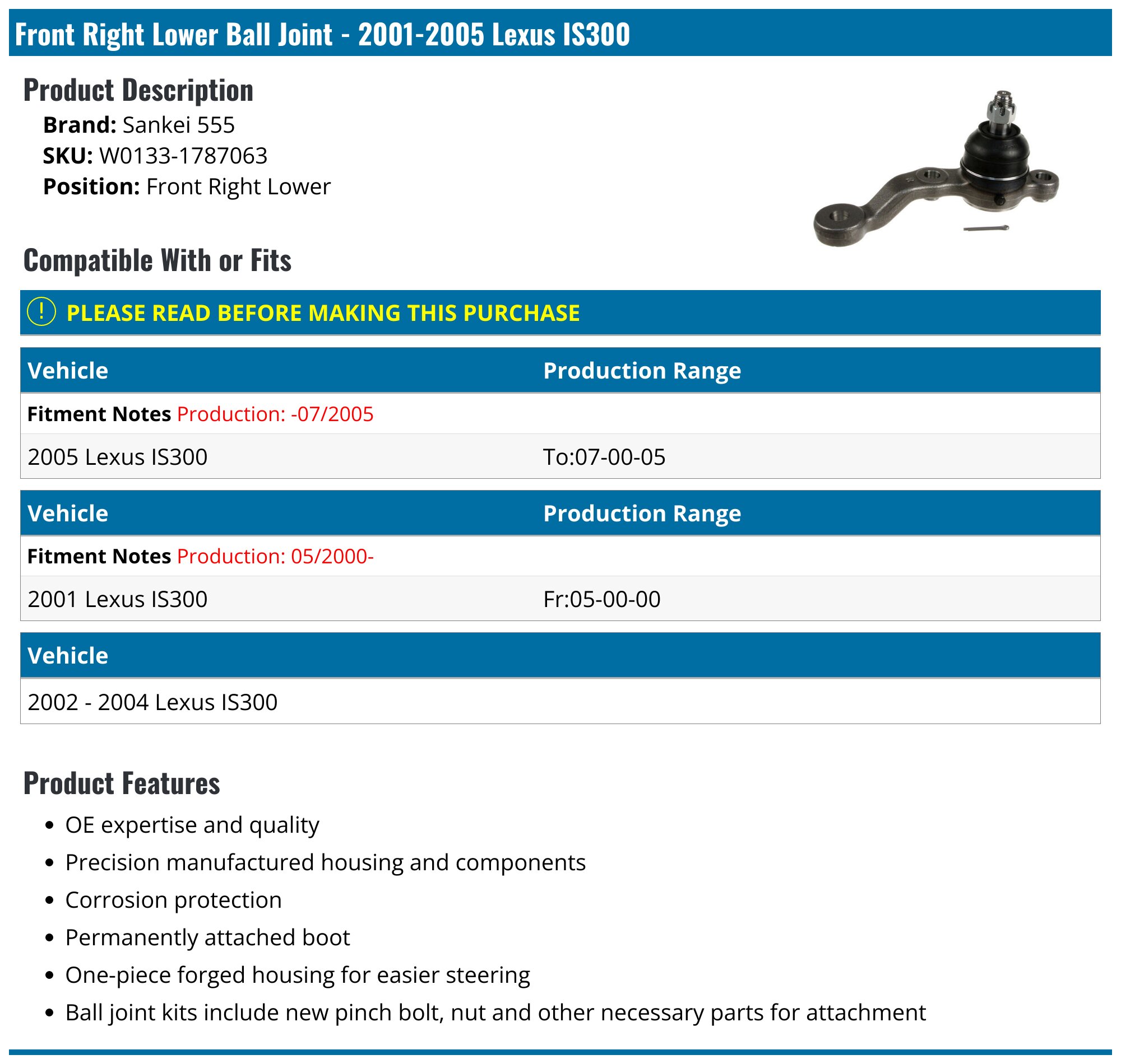 Front Right Lower Ball Joint - 2001-2005 Lexus IS300 - Sankei 555 W0133-1787063