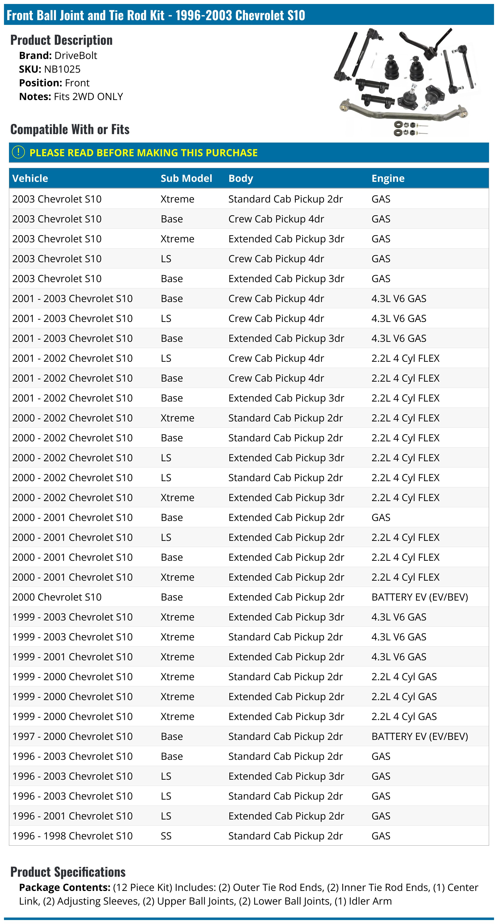 Front Ball Joint and Tie Rod Kit - 1996-2003 Chevrolet S10 - DriveBolt 3681-03034090