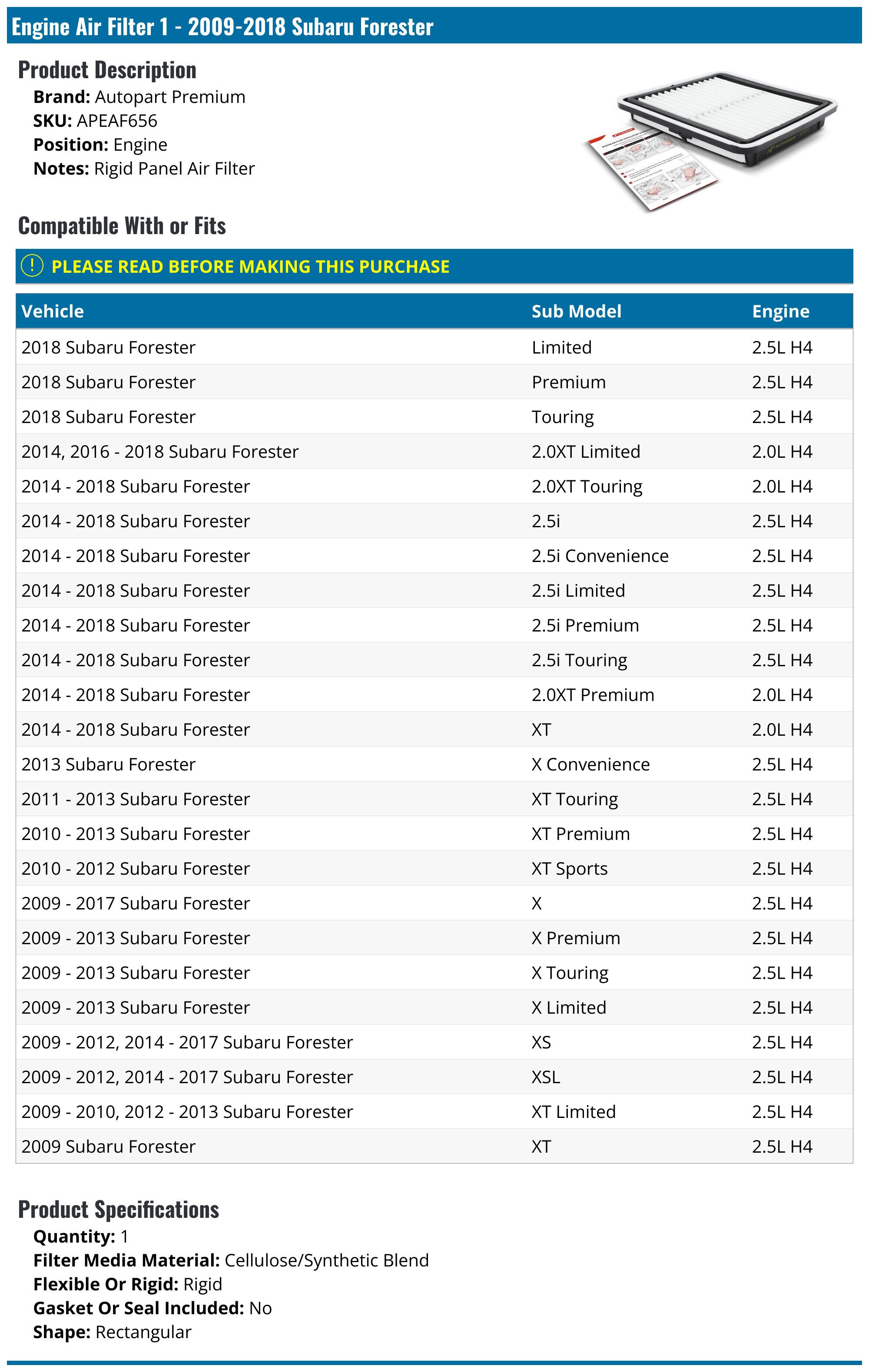 Engine Air Filter - 2009-2018 Subaru Forester - Autopart Premium 29868-02203182