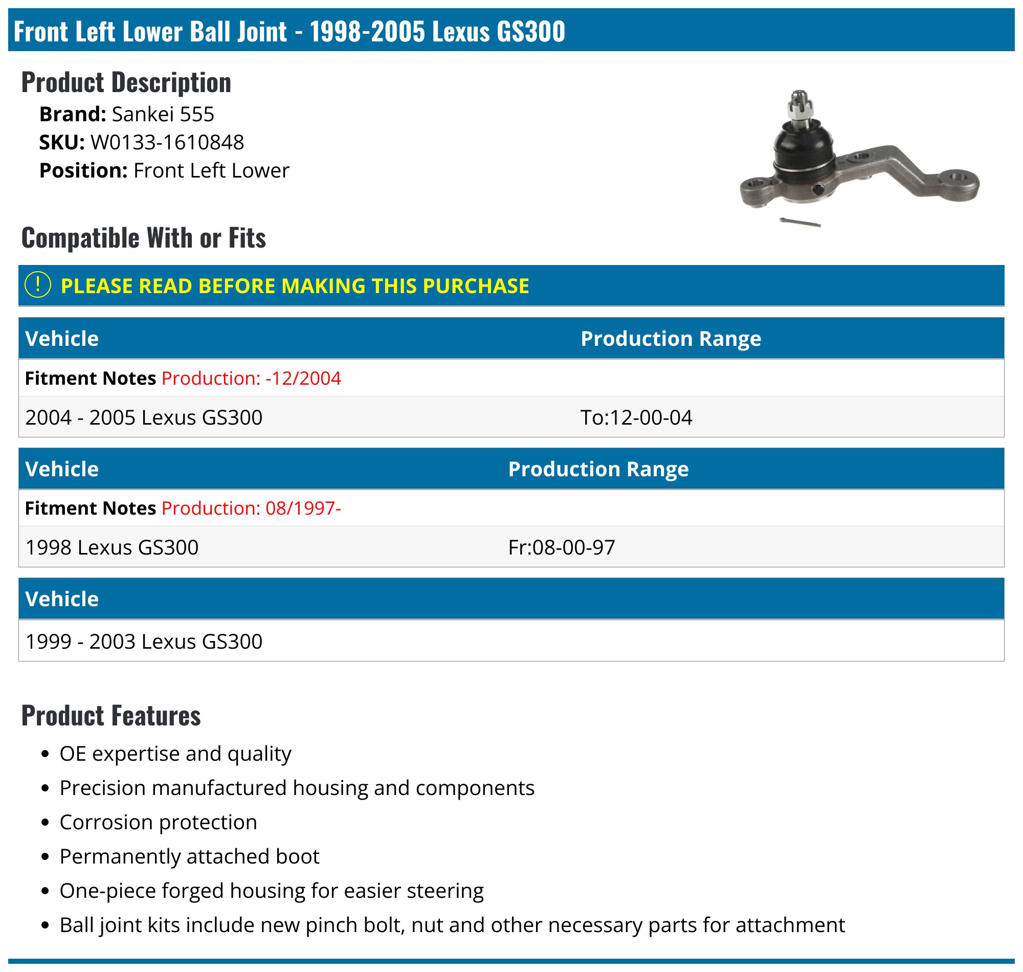 Front Left Lower Ball Joint - 1998-2005 Lexus GS300 - Sankei 555 W0133-1610848