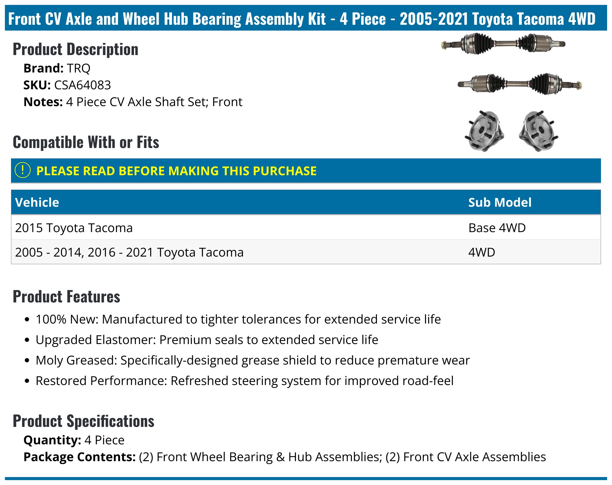 Front CV Axle and Wheel Hub Bearing Assembly Kit - 4 Piece - 2005-2018 Toyota Tacoma 4WD - TRQ 18535-07514384