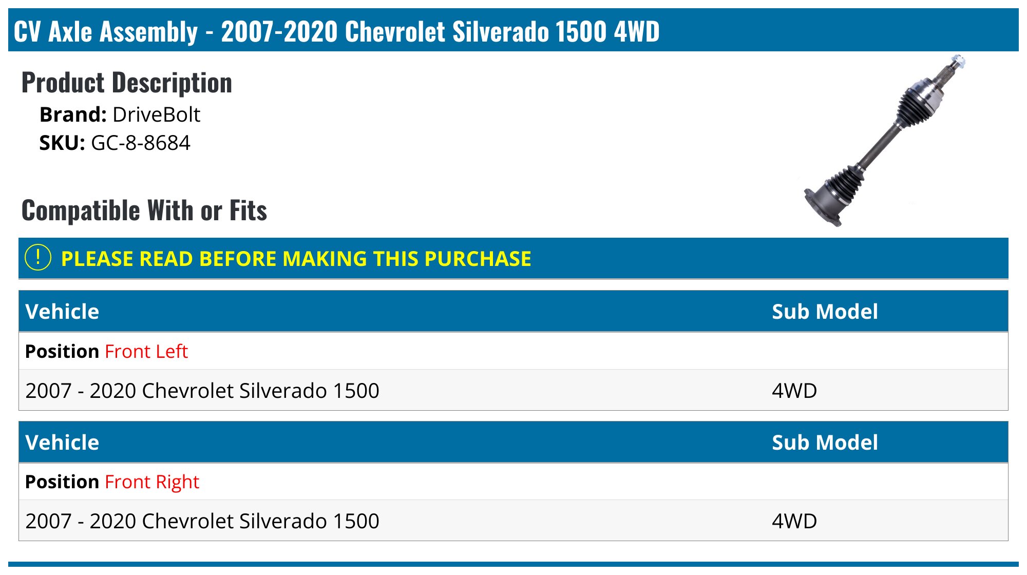 Front CV Axle Assembly - 2007-2020 Chevrolet Silverado 1500 4WD - DriveBolt 19009-02279282