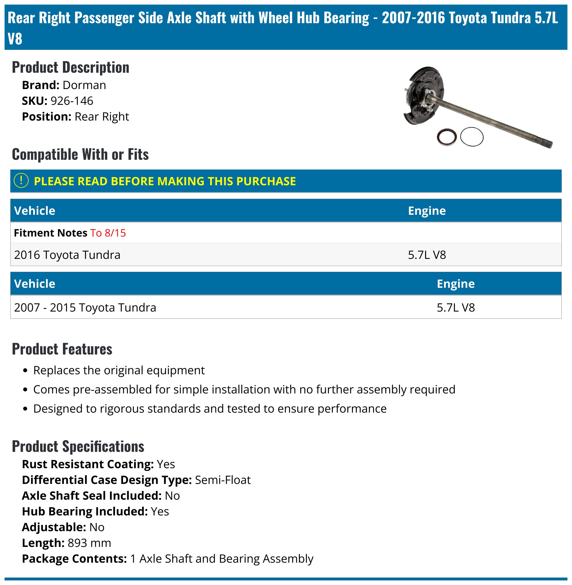 Rear Right Passenger Side Axle Shaft with Wheel Hub Bearing - 2007-2016 Toyota Tundra 5.7L V8 - Dorman 26814-06069297
