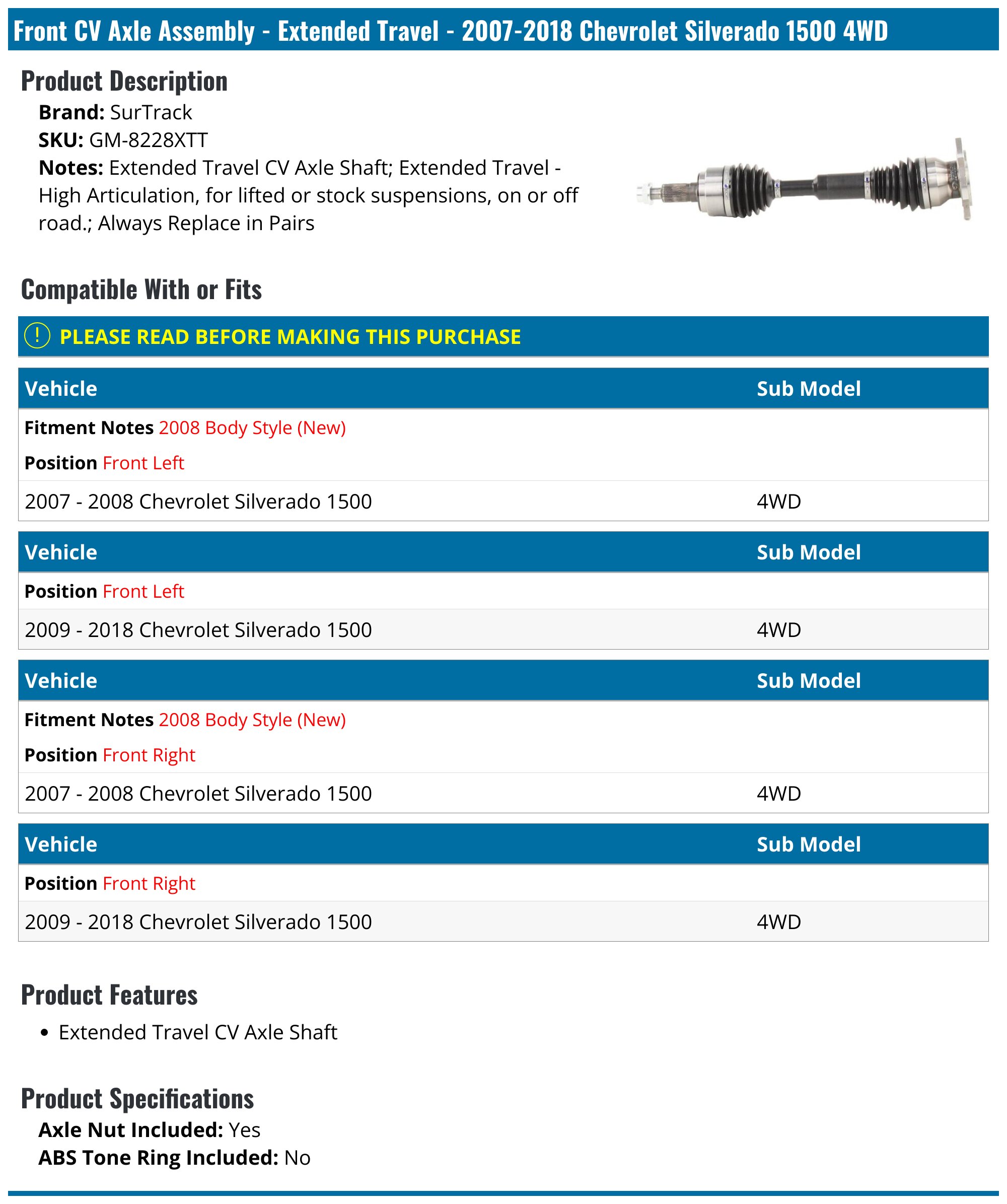 Front CV Axle Assembly - Extended Travel - 2007-2018 Chevrolet Silverado 1500 4WD - SurTrack 19009-06176520