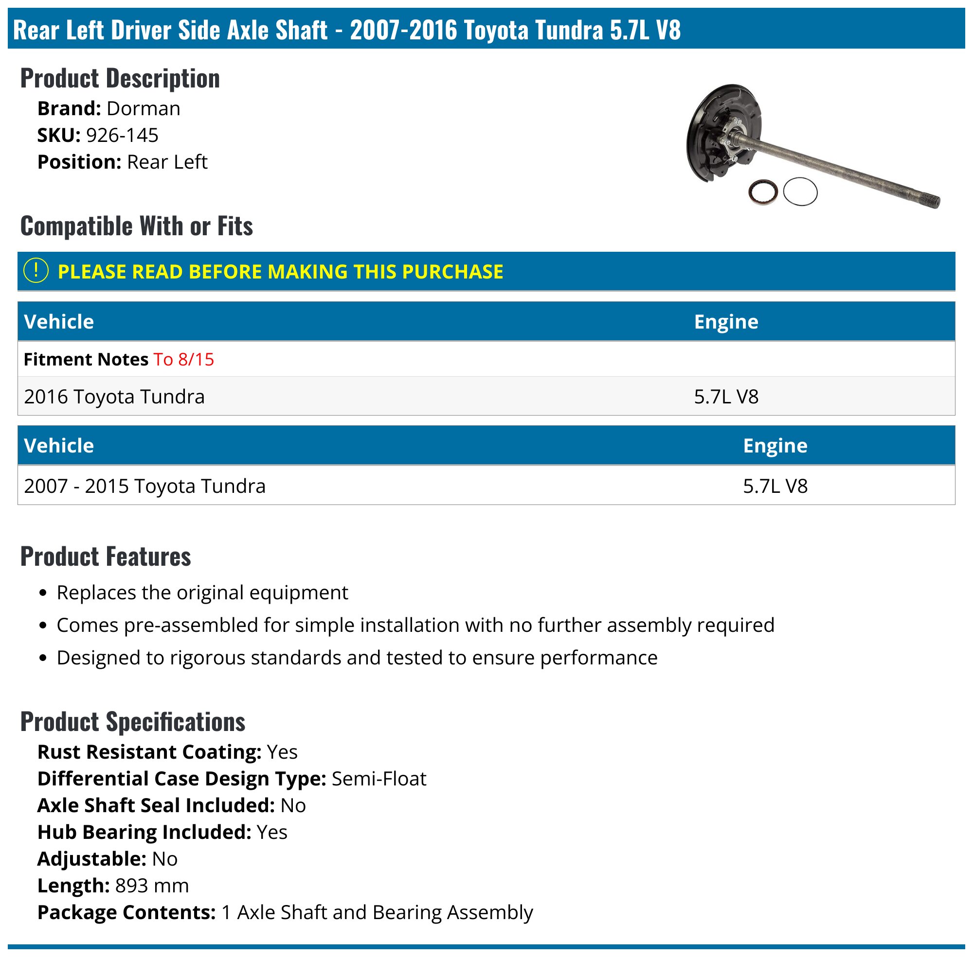 Rear Left Driver Side Axle Shaft - 2007-2016 Toyota Tundra 5.7L V8 - Dorman 26814-06065979