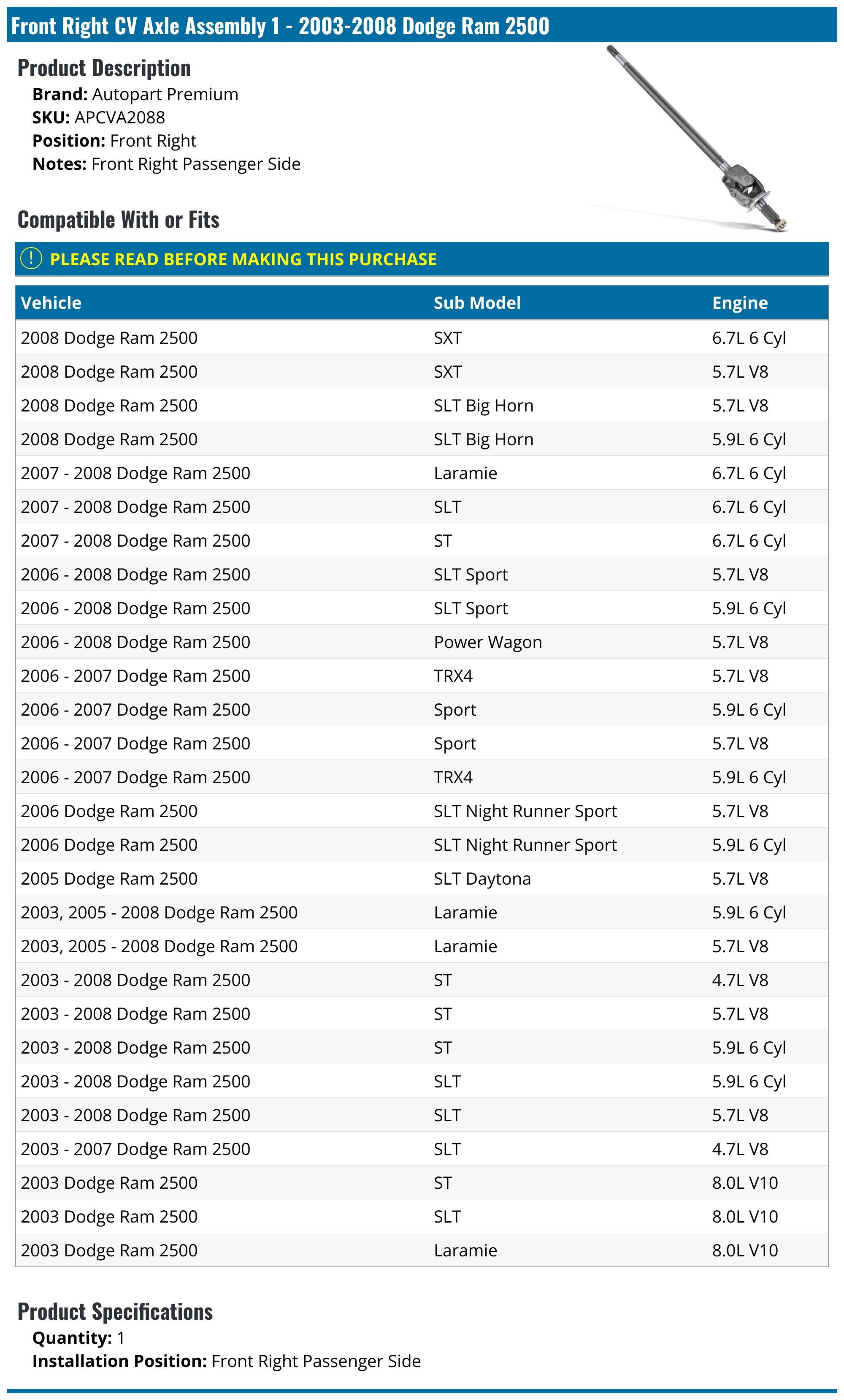 Front Right CV Axle Assembly - 2003-2008 Dodge Ram 2500 - Autopart Premium 1988-02706402