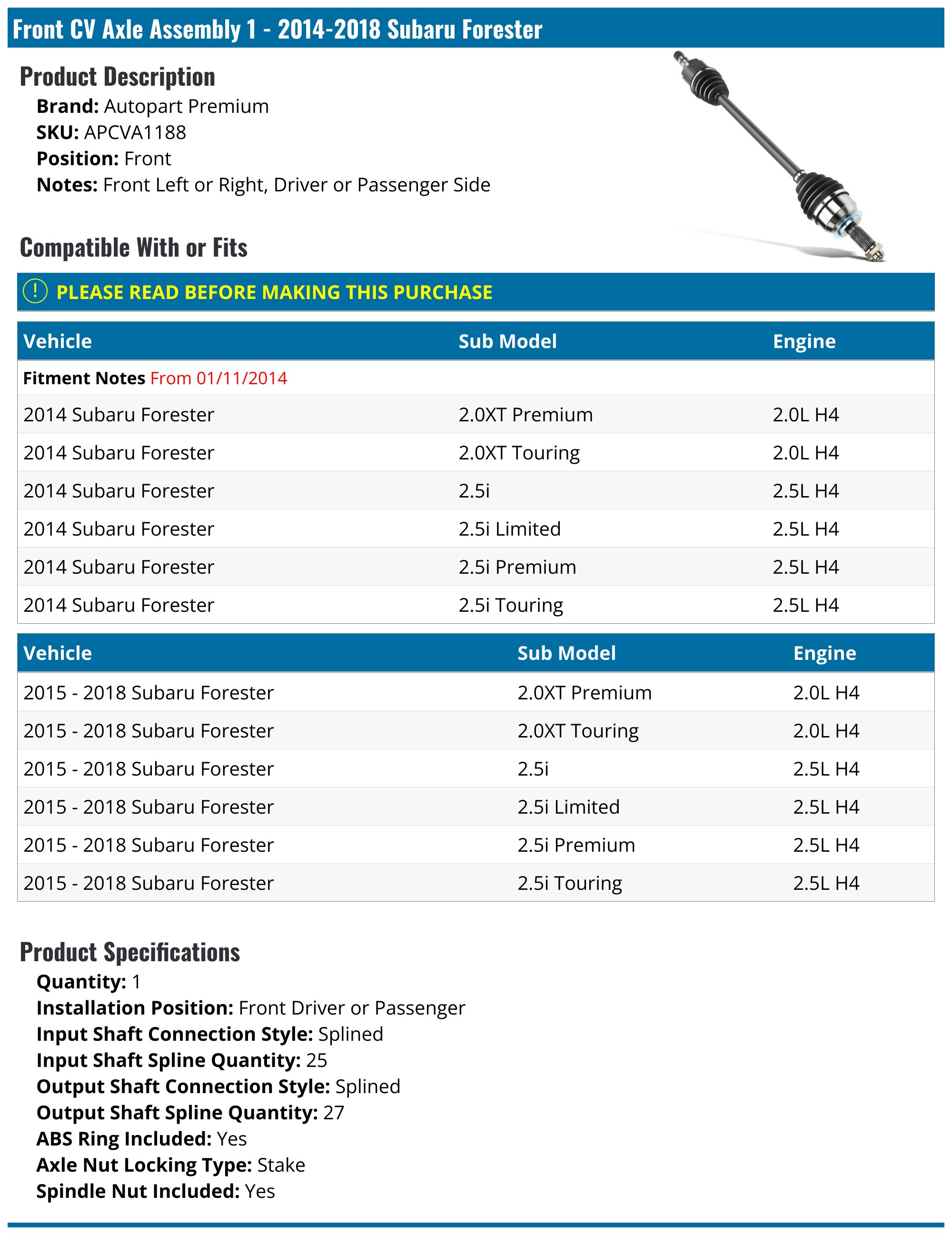 Front CV Axle Assembly - 2014-2018 Subaru Forester - Autopart Premium 125193-02517080