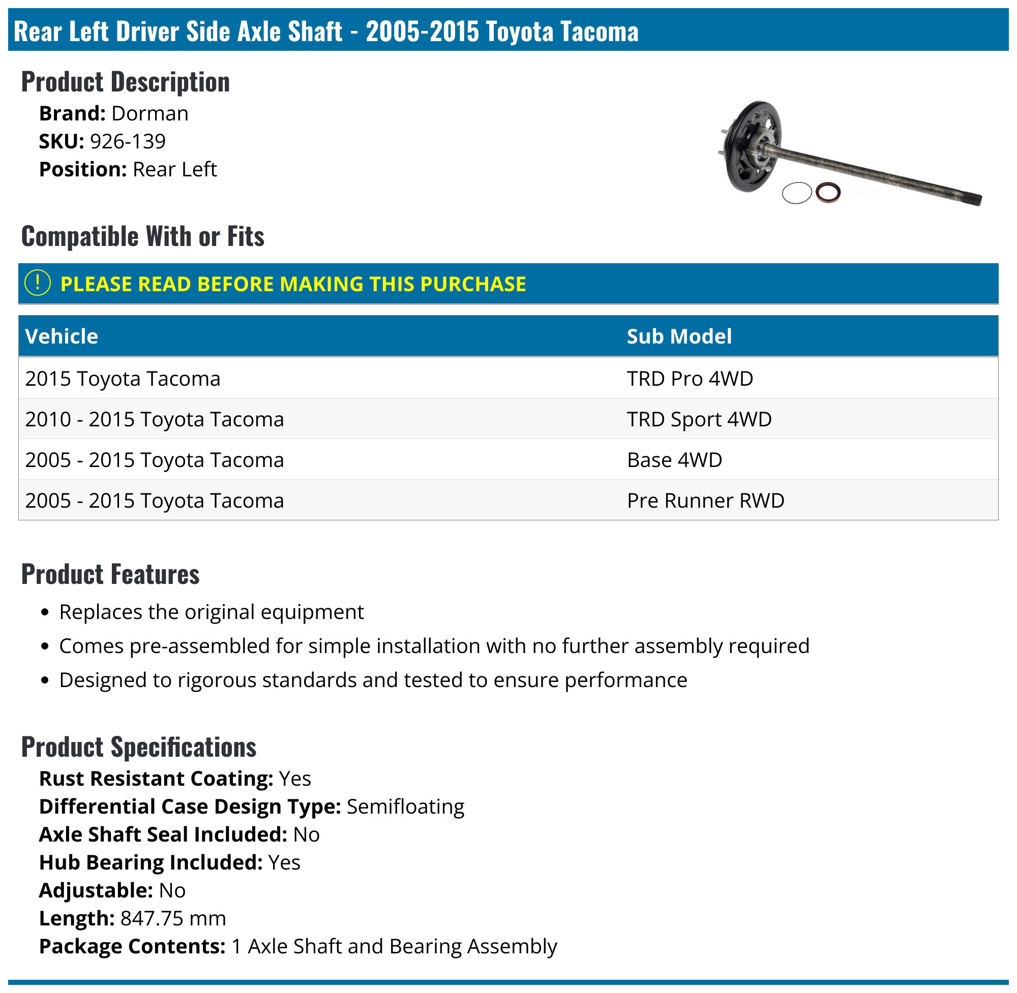 Rear Left Driver Side Axle Shaft - 2005-2023 Toyota Tacoma - Dorman 18535-06178393