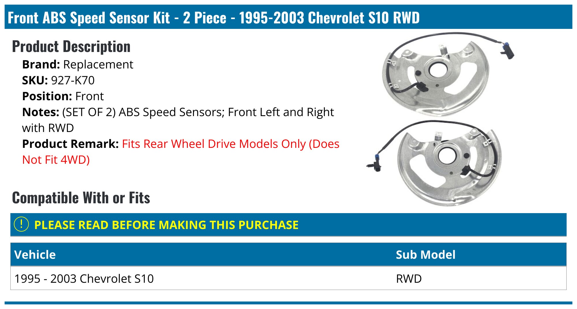 Front ABS Speed Sensor Kit - 2 Piece - 1995-2003 Chevrolet S10 RWD - Replacement 3680-02339729