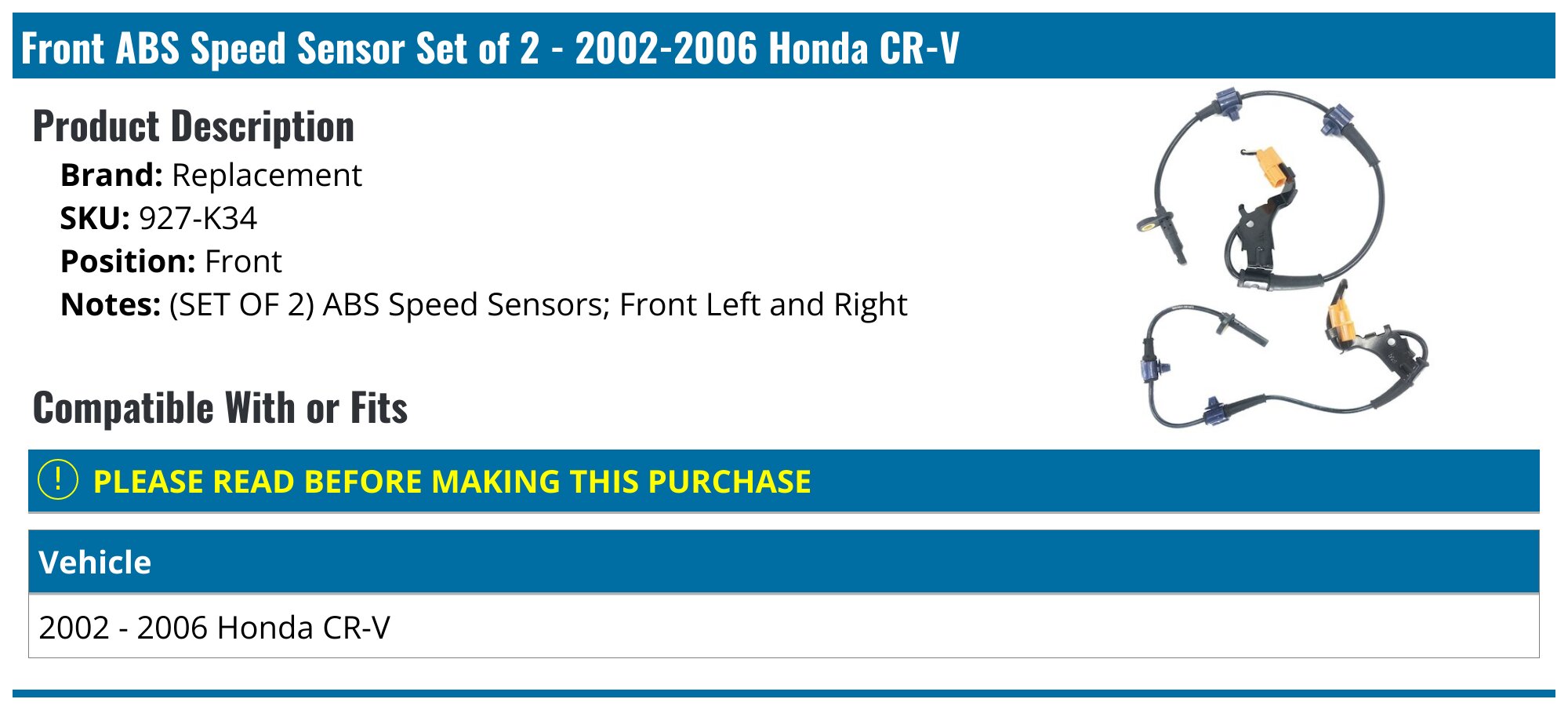 Front ABS Speed Sensor Set of 2 - 2002-2006 Honda CR-V - Replacement 6026-02236317