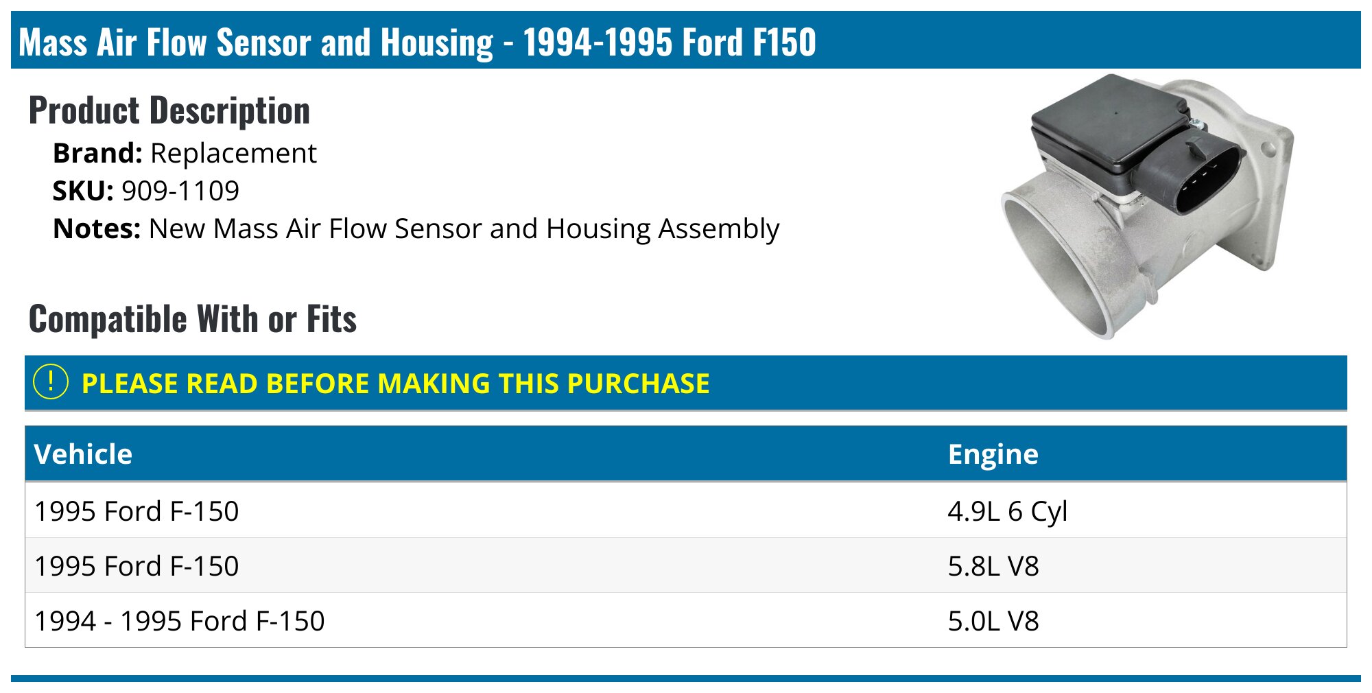 Mass Air Flow Sensor and Housing - 1994-1995 Ford F150 - Replacement 5311-02187218