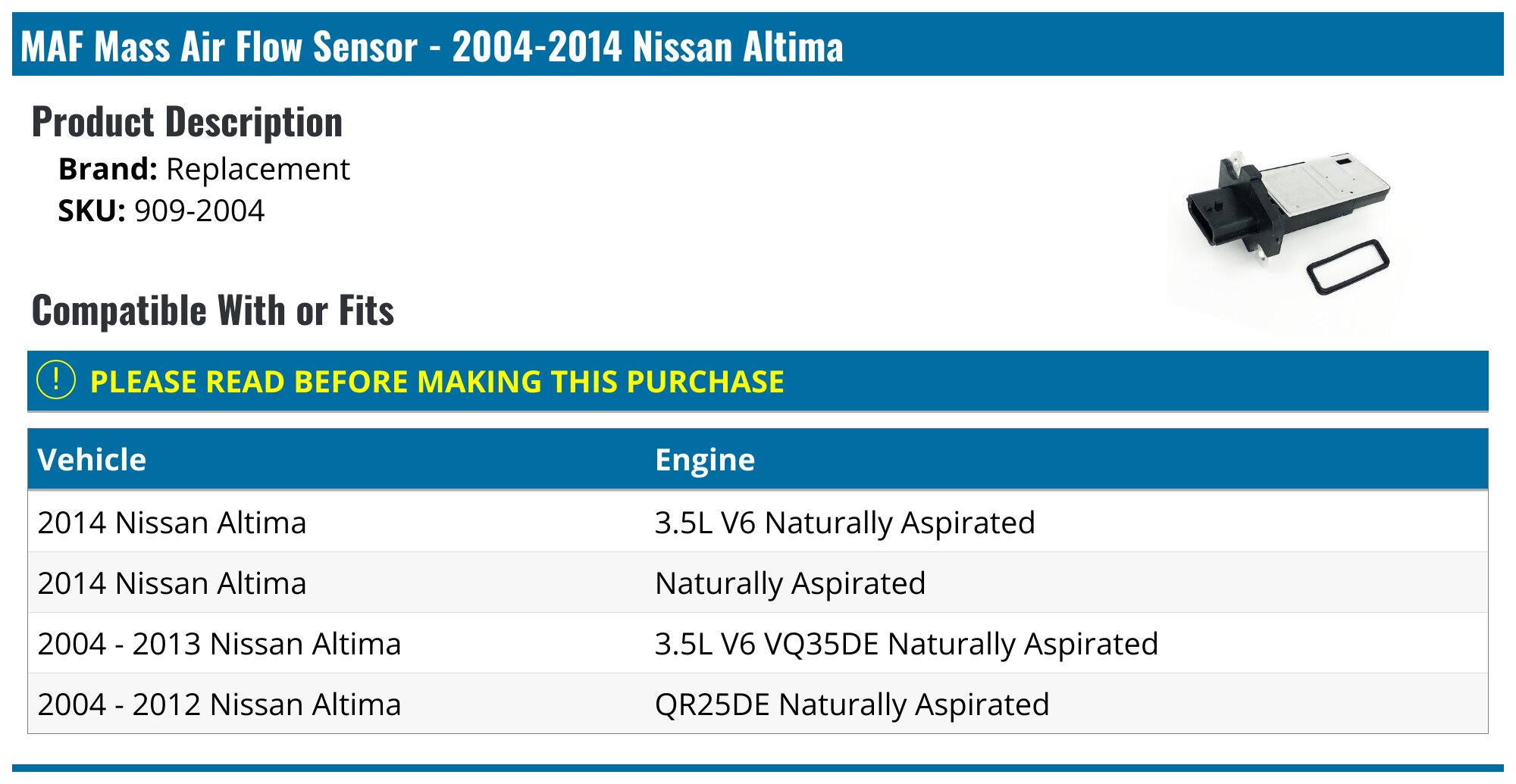 MAF Mass Air Flow Sensor - 2002-2014 Nissan Altima - Replacement 6677-02080977