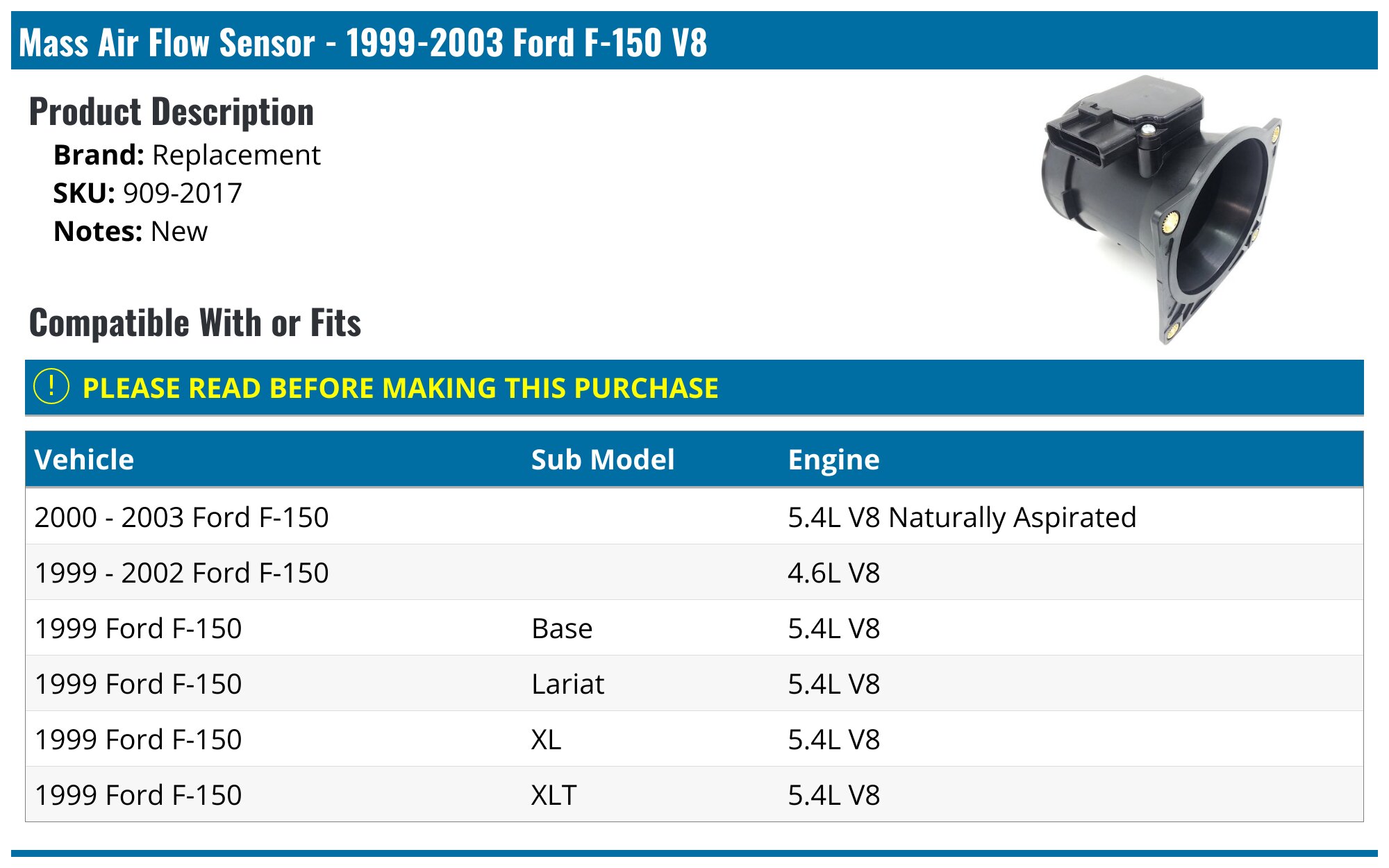 Mass Air Flow Sensor - 1999-2003 Ford F-150 V8 - Replacement 5292-02969948