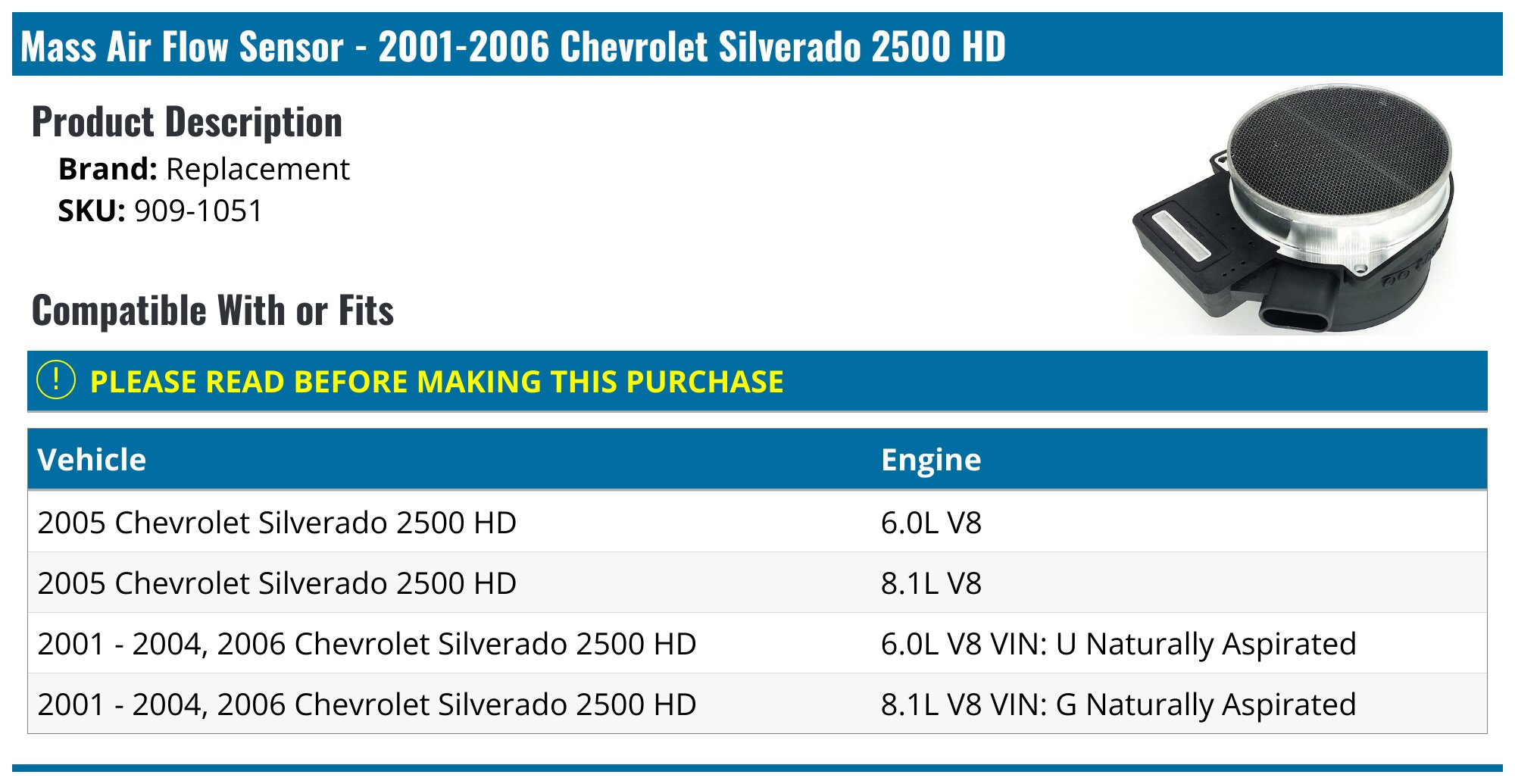Mass Air Flow Sensor - 2001-2006 Chevrolet Silverado 2500 HD - Replacement 3704-02595024