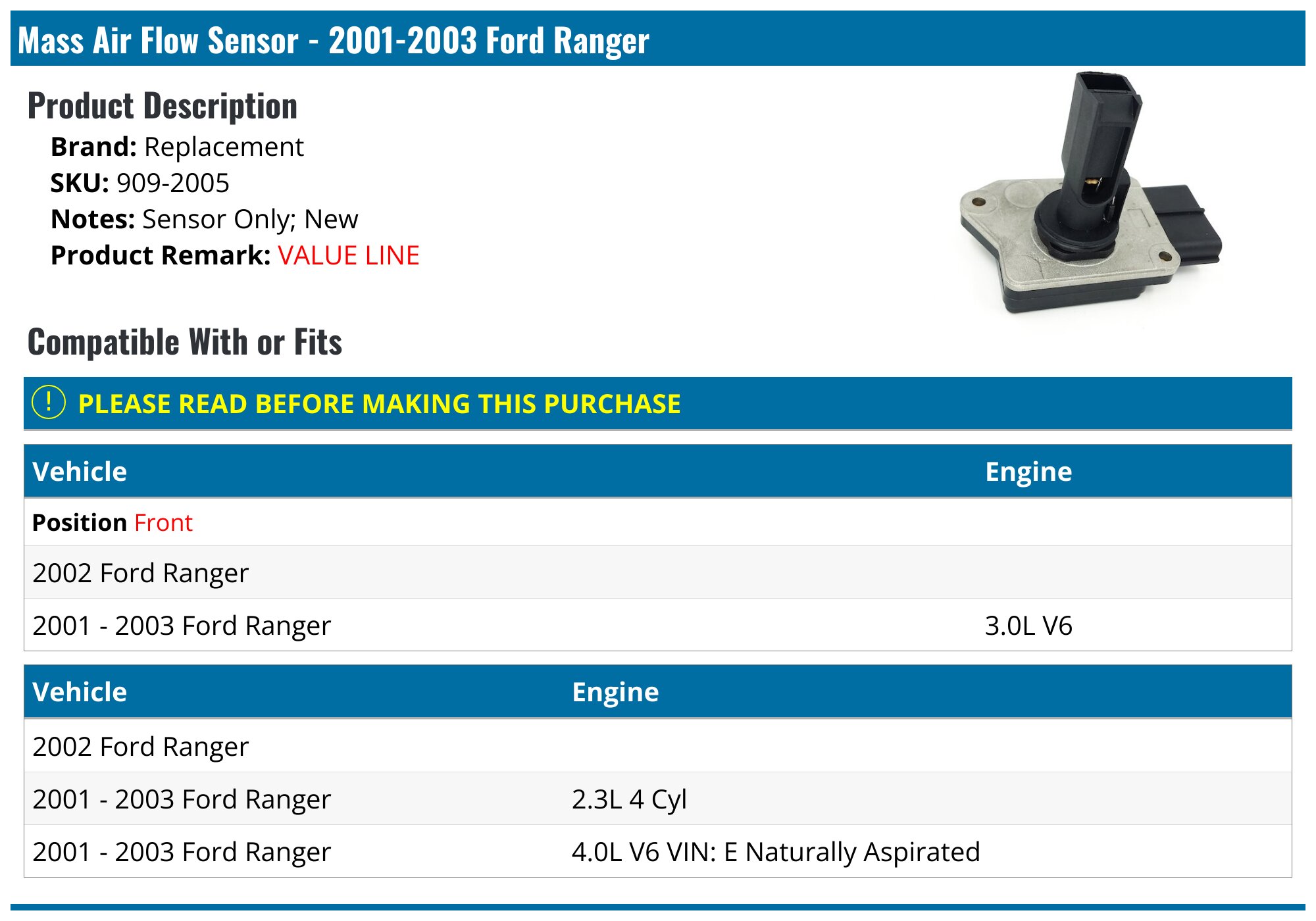 Mass Air Flow Sensor - 2001-2003 Ford Ranger - Replacement 5520-02138183