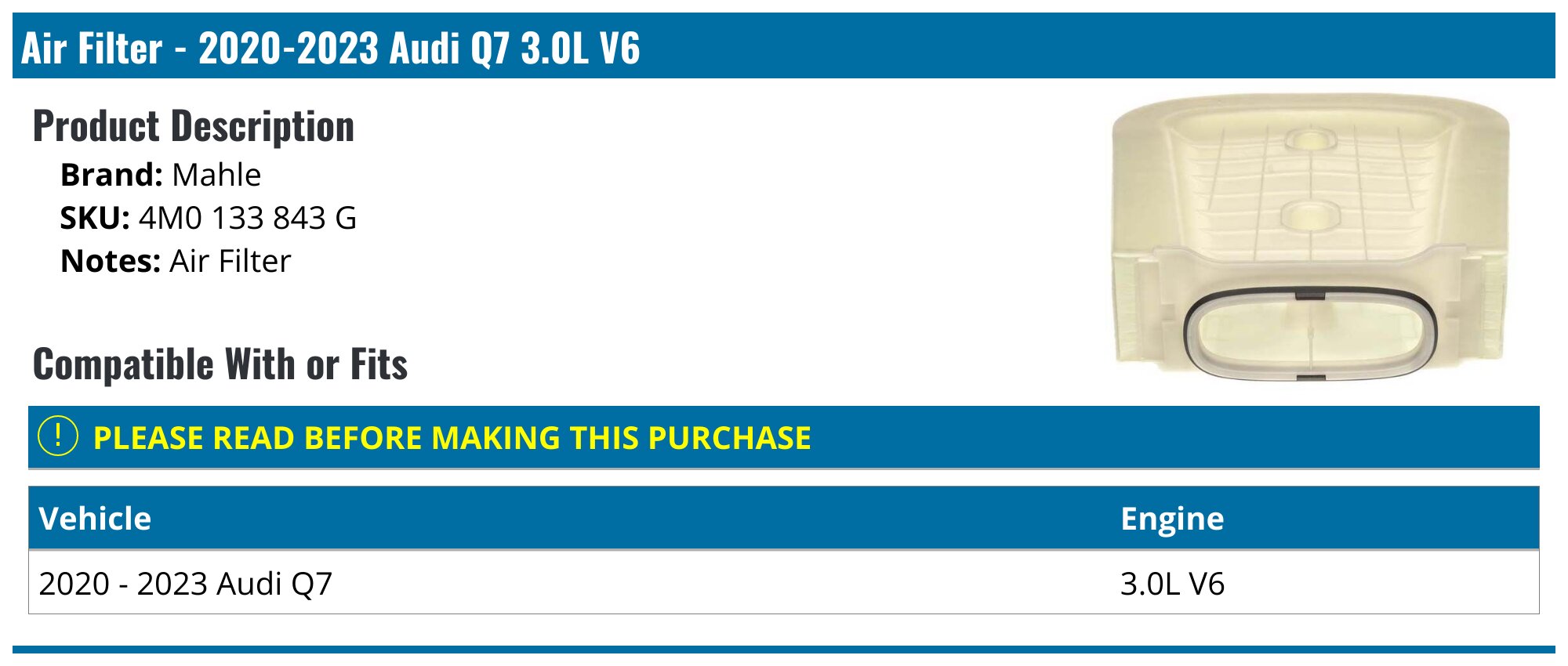 Air Filter - 2020-2024 Audi Q7 3.0L V6 - Mahle 152071-08081501
