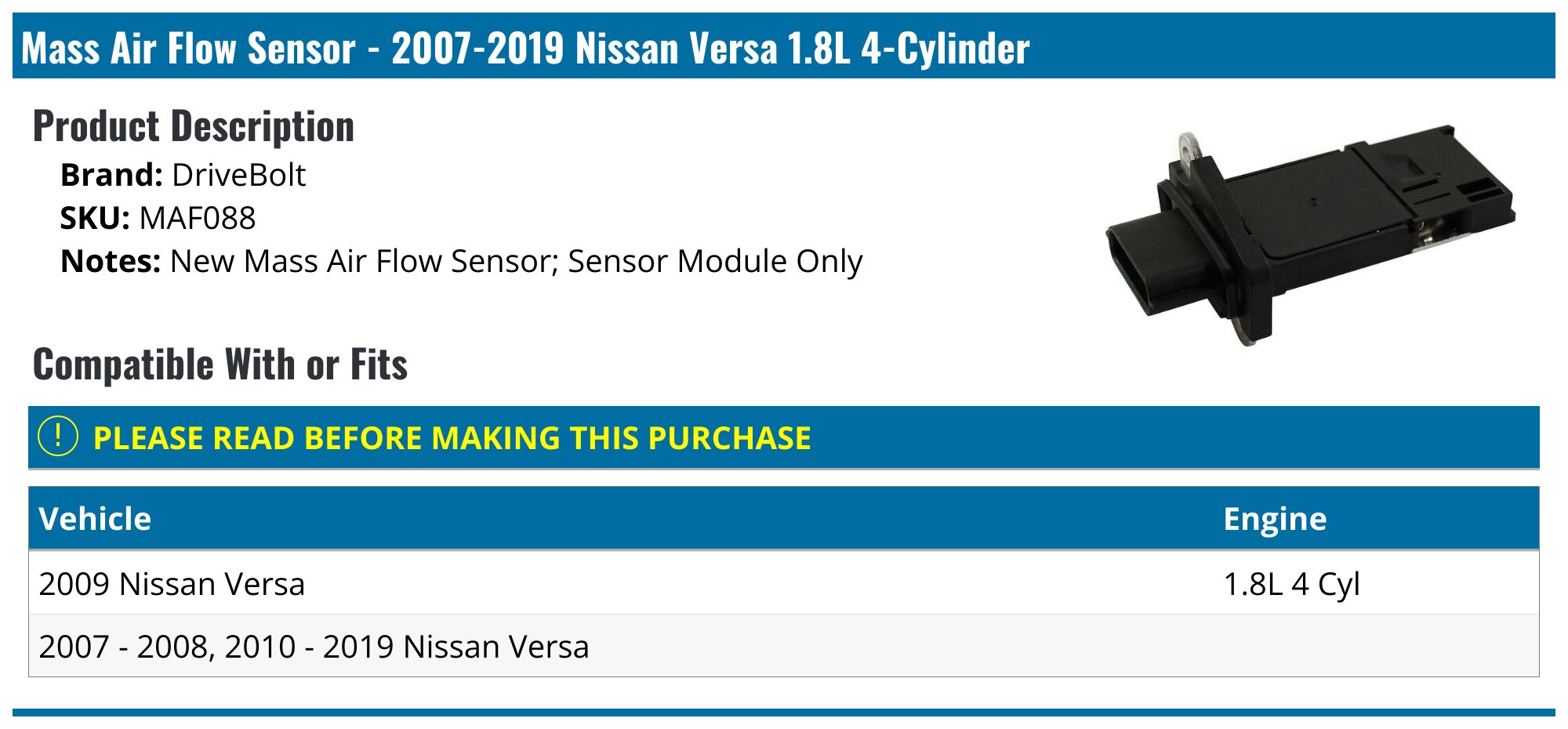 Mass Air Flow Sensor - 2007-2018 Nissan Versa 1.8L 4-Cylinder - DriveBolt 19001-03031726