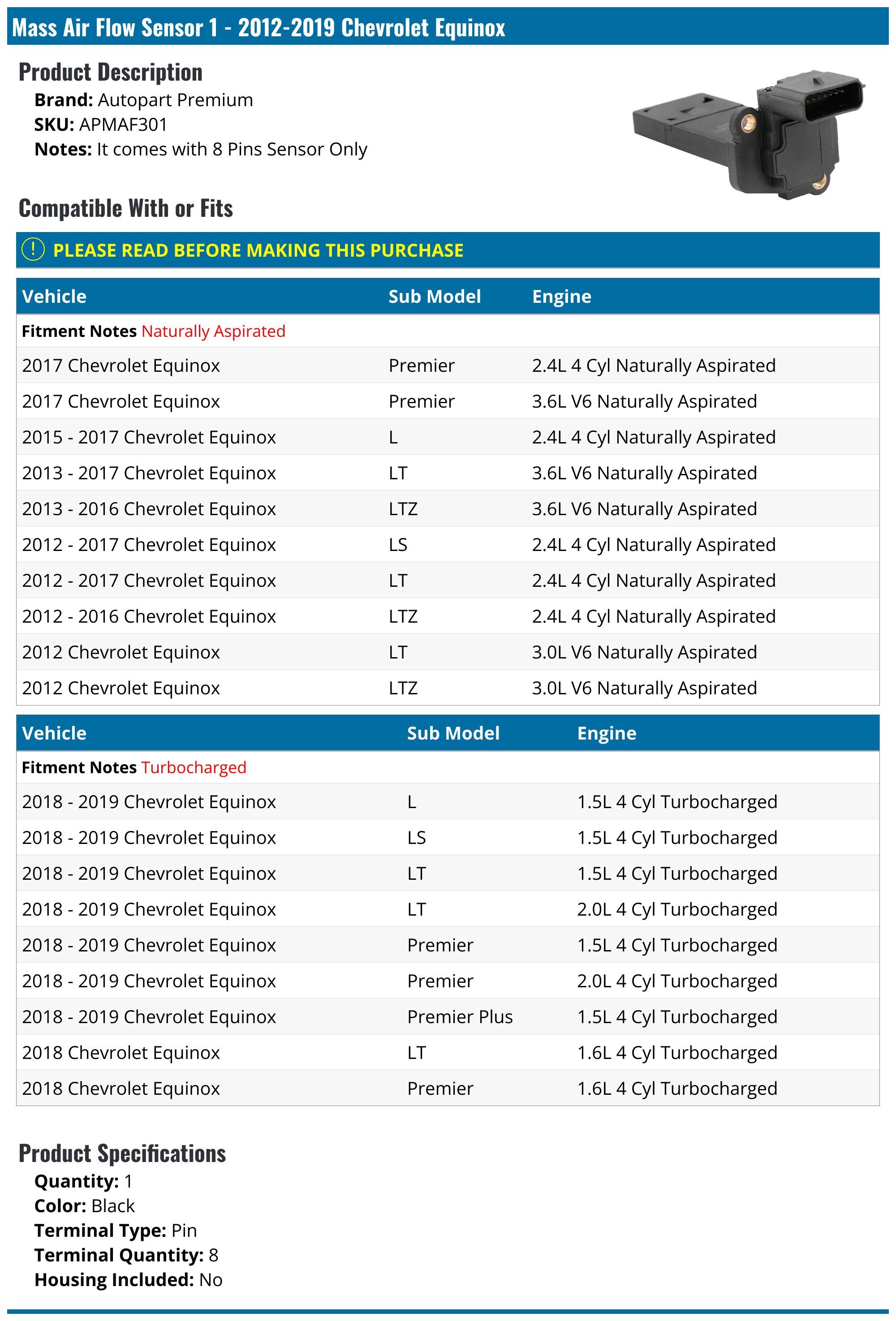 Mass Air Flow Sensor - 2012-2019 Chevrolet Equinox - Autopart Premium 118647-02376198
