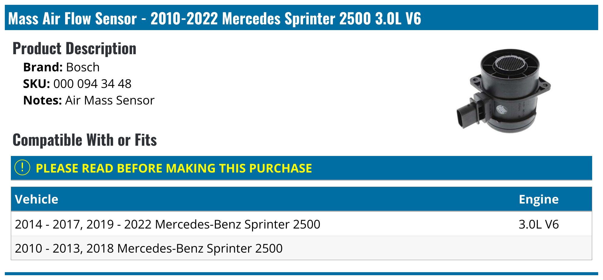 Mass Air Flow Sensor - 2010-2022 Mercedes Sprinter 2500 3.0L V6 - Bosch 96181-08053926