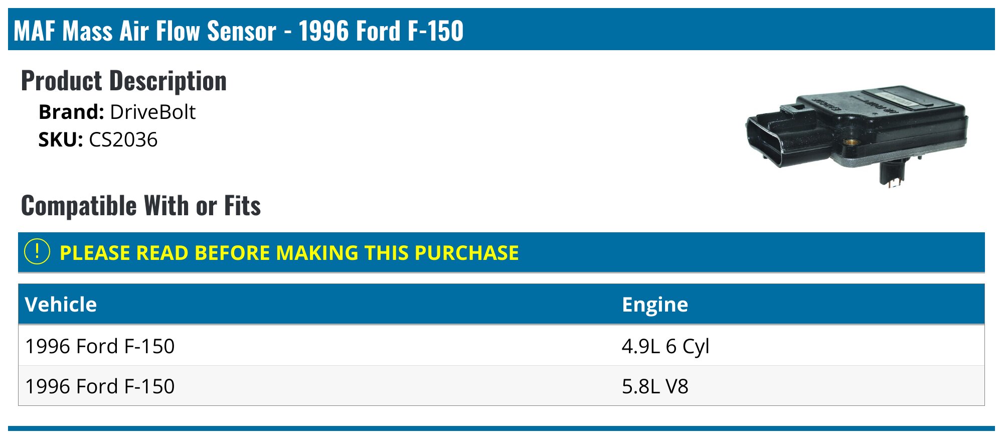 MAF Mass Air Flow Sensor - 1996 Ford F-150 - DriveBolt 5306-03972068