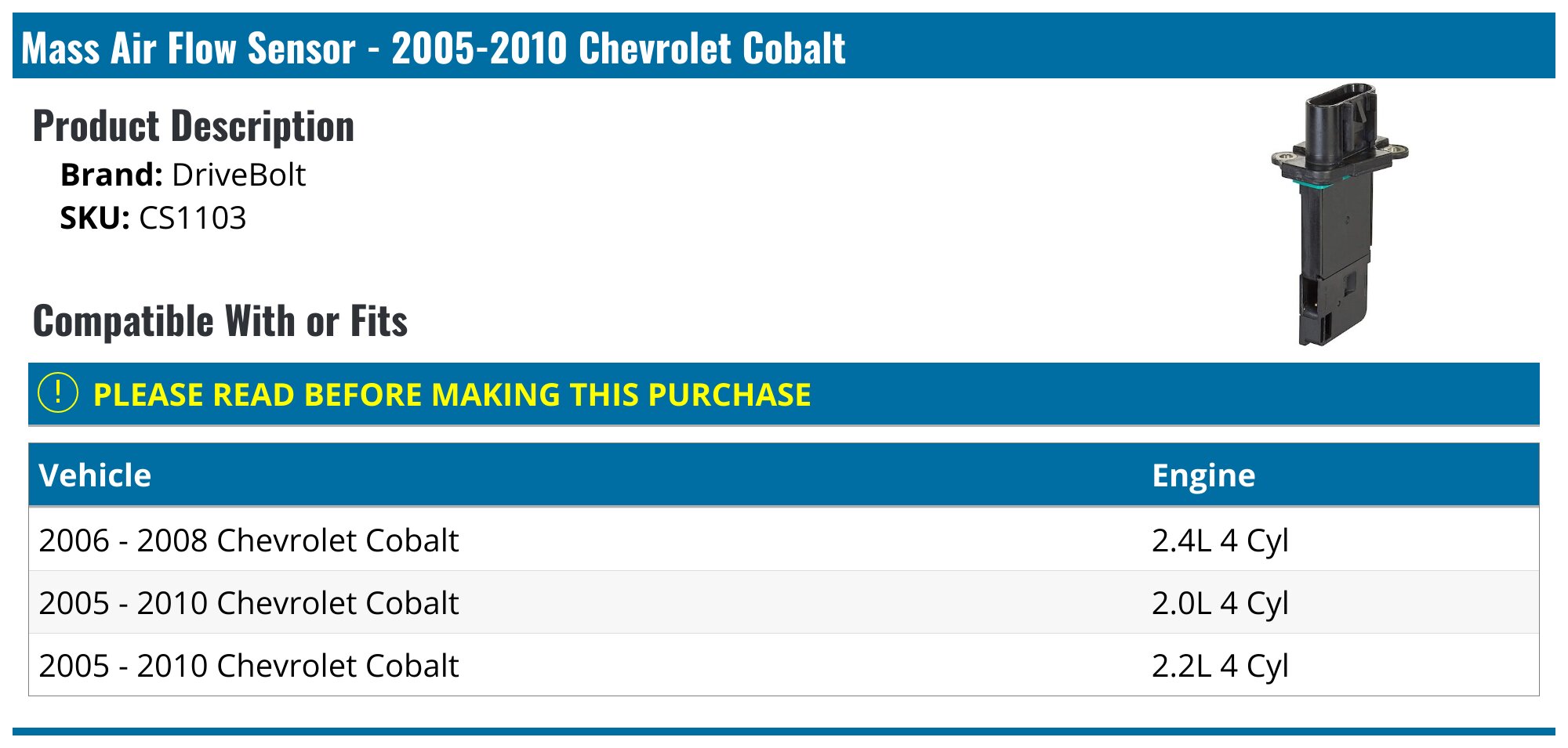Mass Air Flow MAF Sensor - 2005-2010 Chevrolet Cobalt - DriveBolt 18305-03464608
