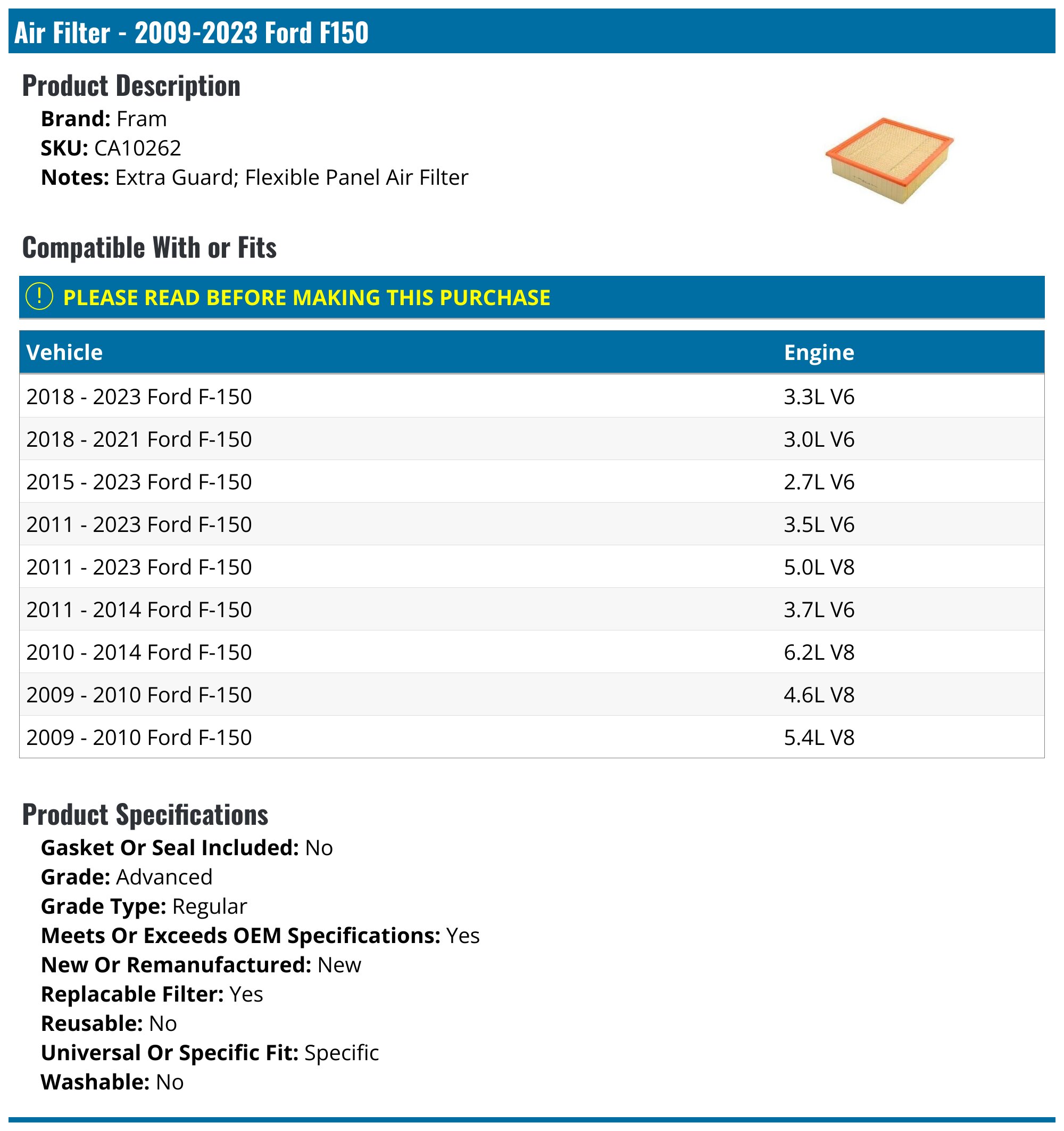 Air Filter - 2009-2025 Ford F150 - Fram 30322-02107424