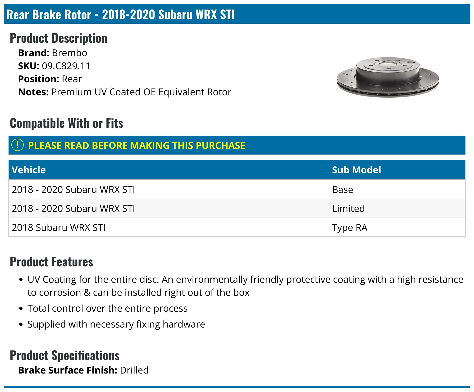 Rear Brake Rotor - 2018-2021 Subaru WRX STI 2.5L H4 - Brembo 143502-03880449