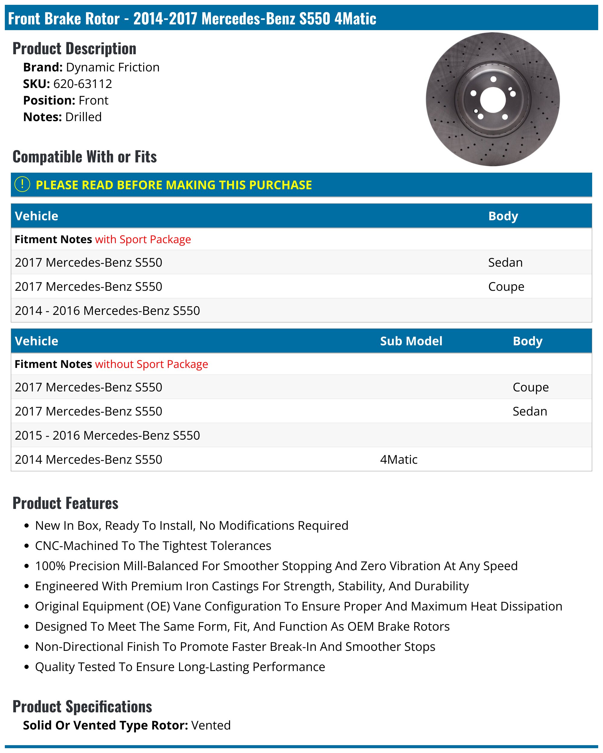 Front Brake Rotor - 2014-2017 Mercedes-Benz S550 4Matic - Dynamic Friction 128555-02808167