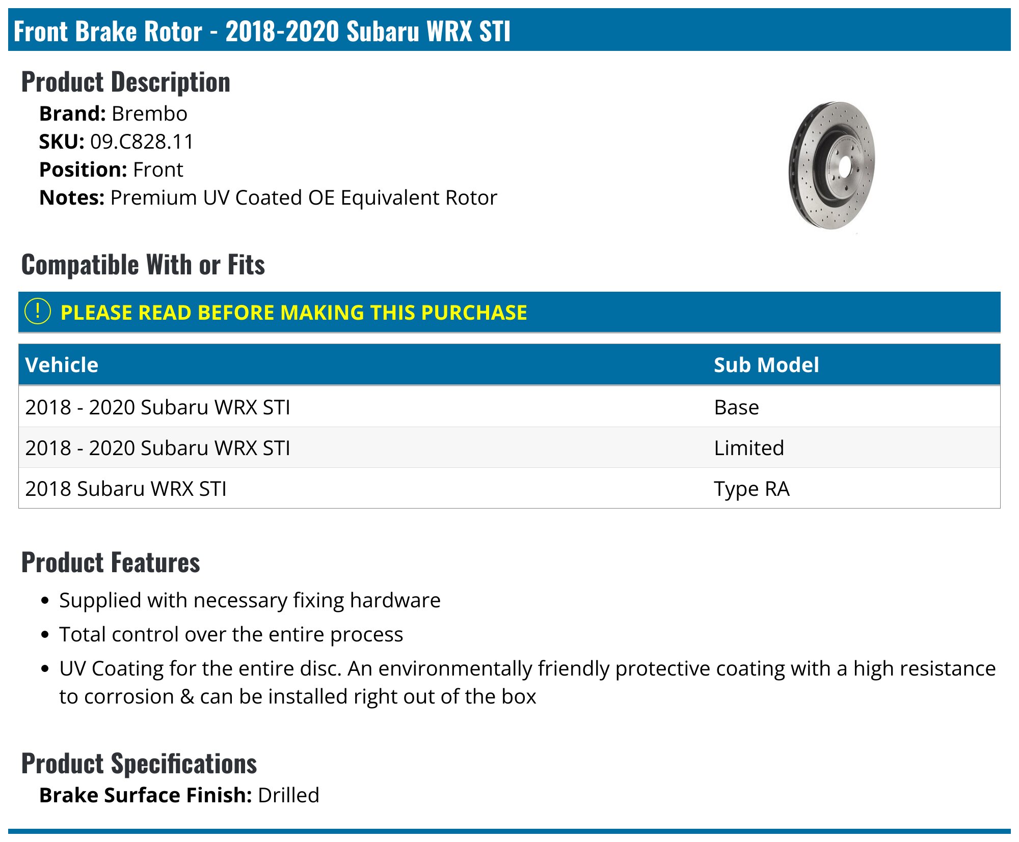 Front Brake Rotor - 2018-2021 Subaru WRX STI 2.5L H4 - Brembo 143502-03889371