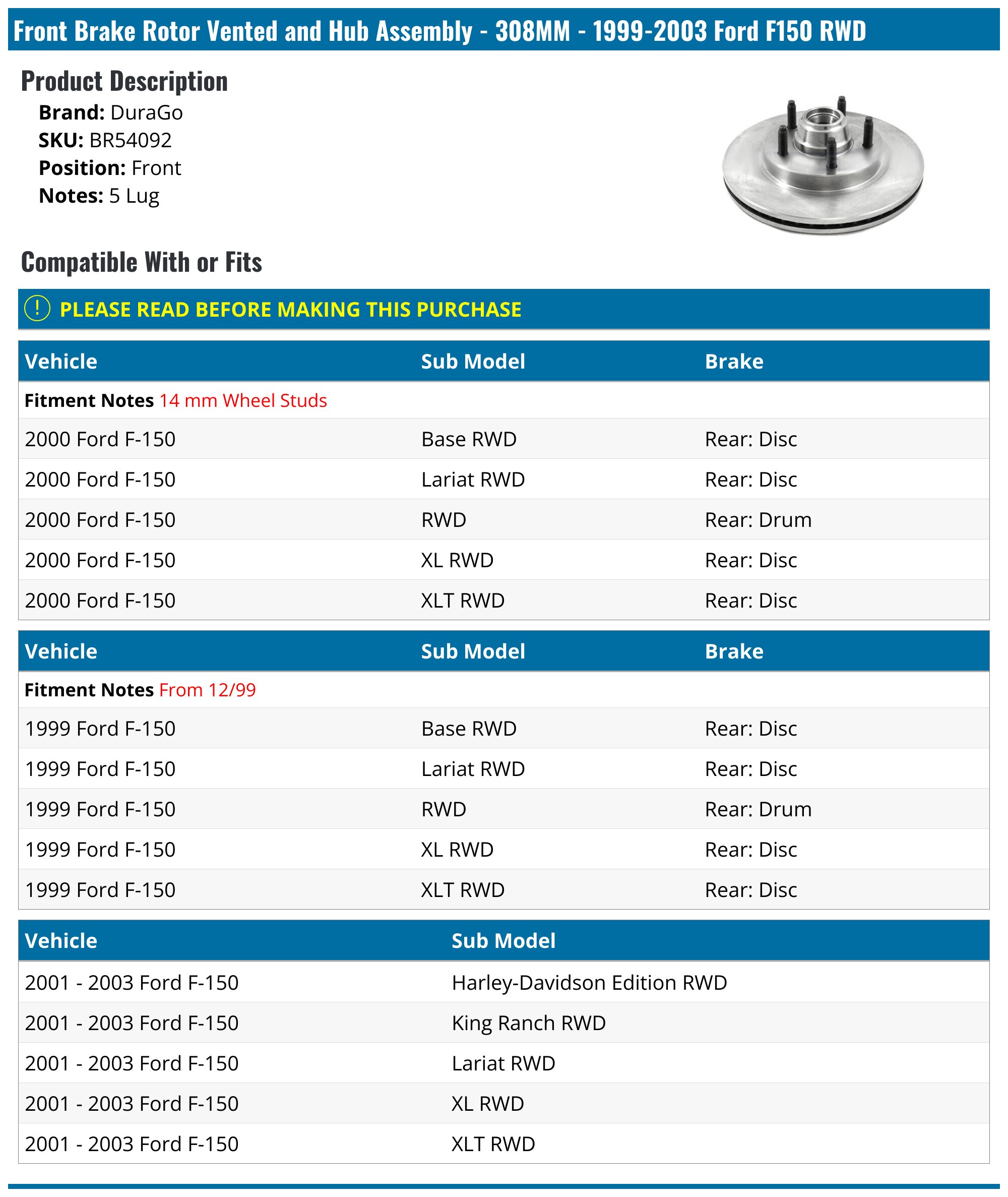Front Brake Rotor Vented and Hub Assembly - 308MM - 1999-2003 Ford F150 RWD - DuraGo 5292-07481313