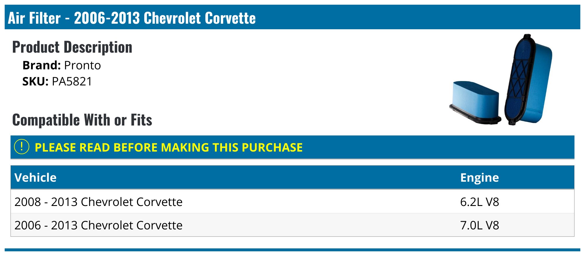 Air Filter - 2006-2013 Chevrolet Corvette - Pronto 18648-05674014