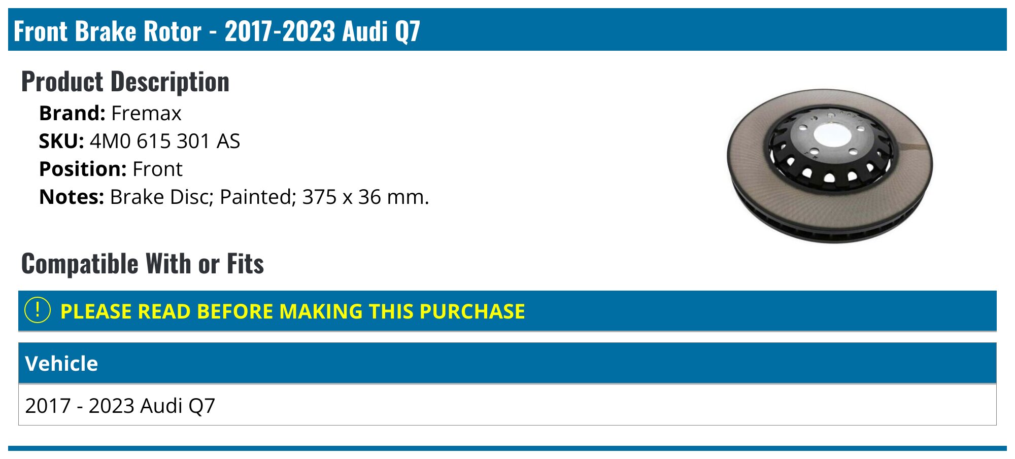 Front Brake Rotor - 2017-2024 Audi Q7 - Fremax 138427-08074428