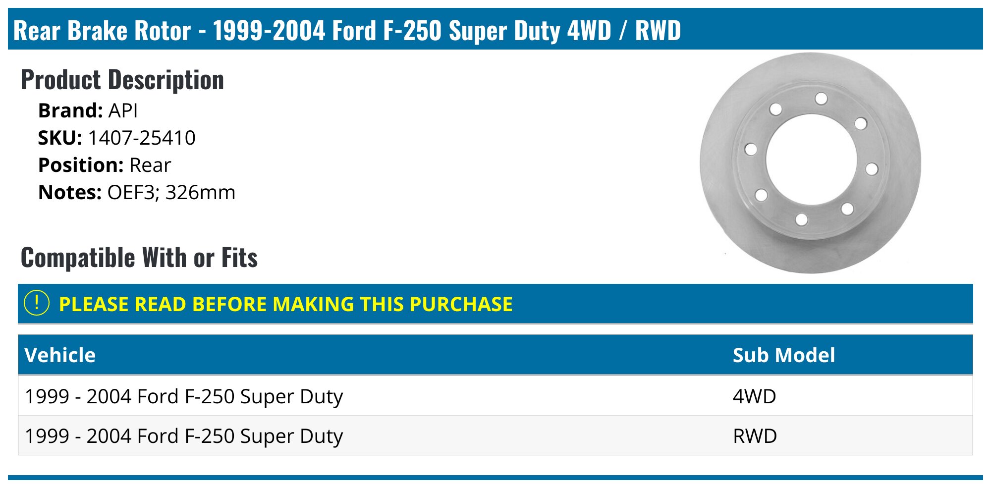 Rear Brake Rotor - 1999-2004 Ford F-250 Super Duty 4WD / RWD - API 5337-07869090