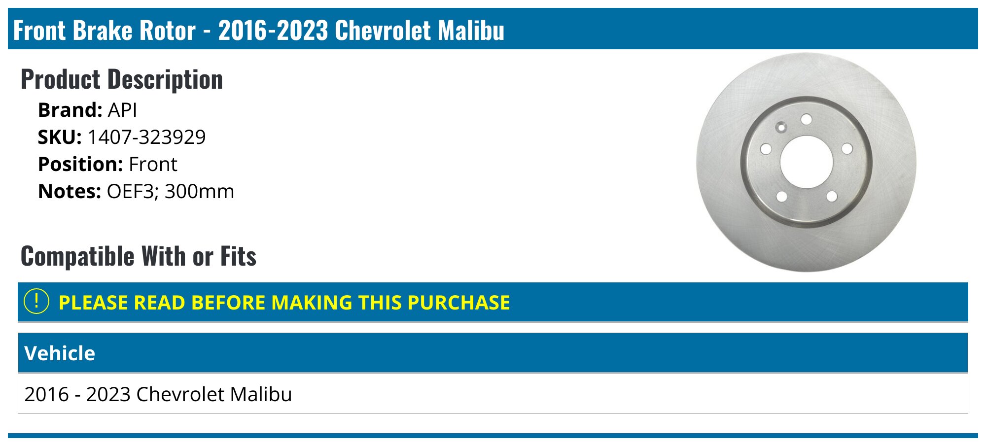Front Brake Rotor - 2016-2025 Chevrolet Malibu (300mm) - API 137393-07351356