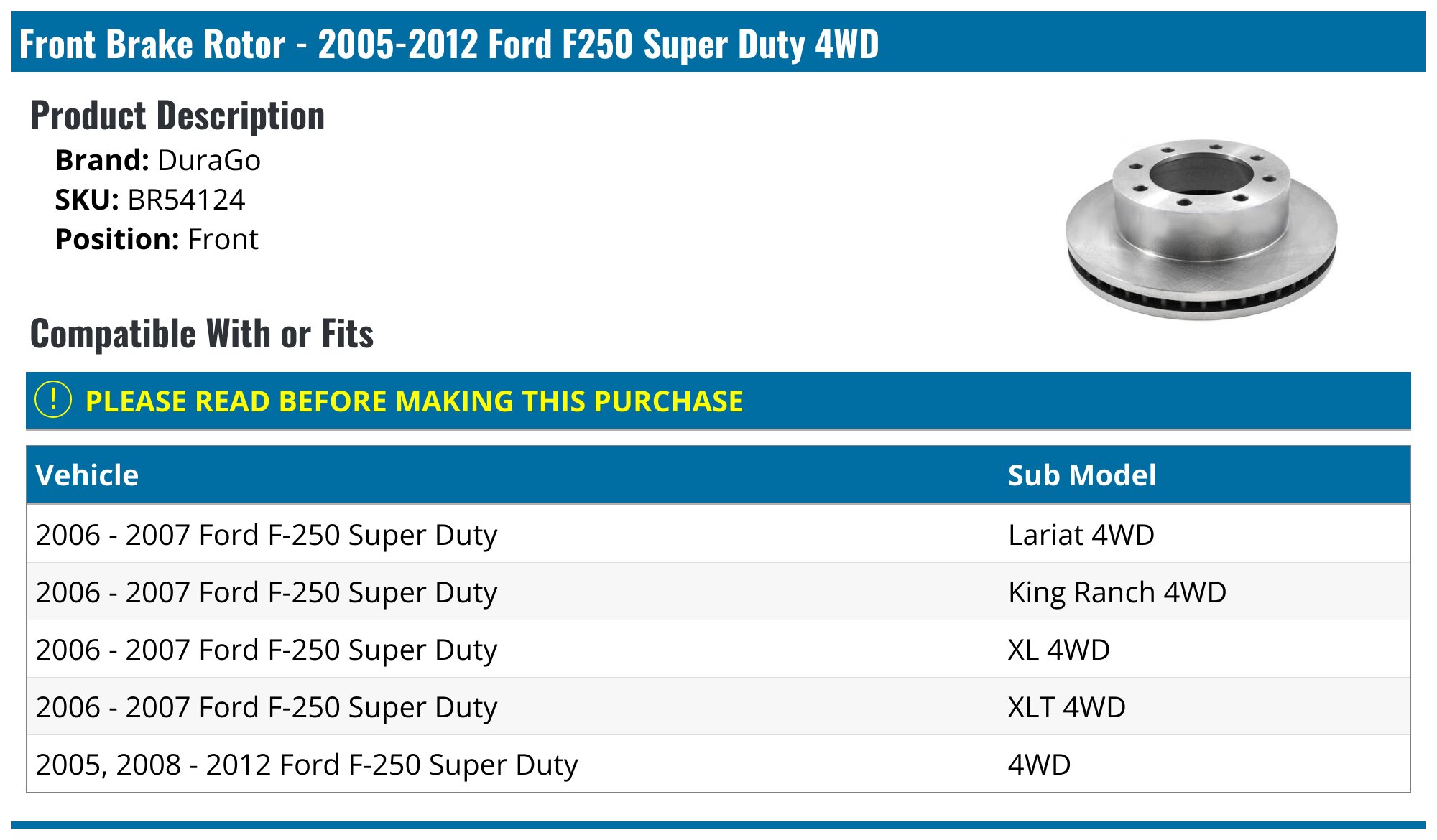 Front Brake Rotor - 2005-2012 Ford F250 Super Duty 4WD - DuraGo 18249-07185974
