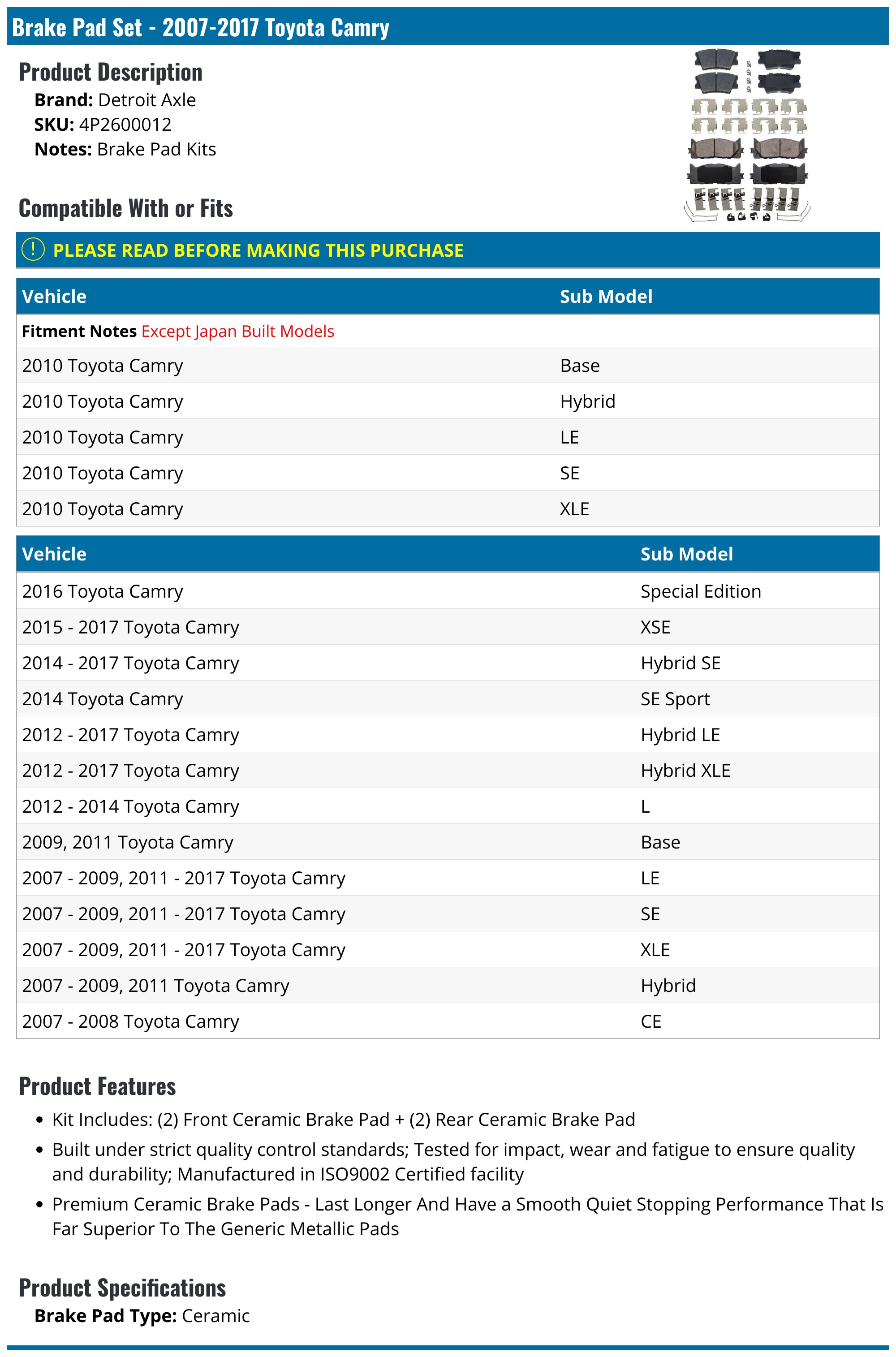 Front and Rear Brake Pad Set - 2007-2017 Toyota Camry (2007 Japan Built Models) - Detroit Axle 18958-02463328