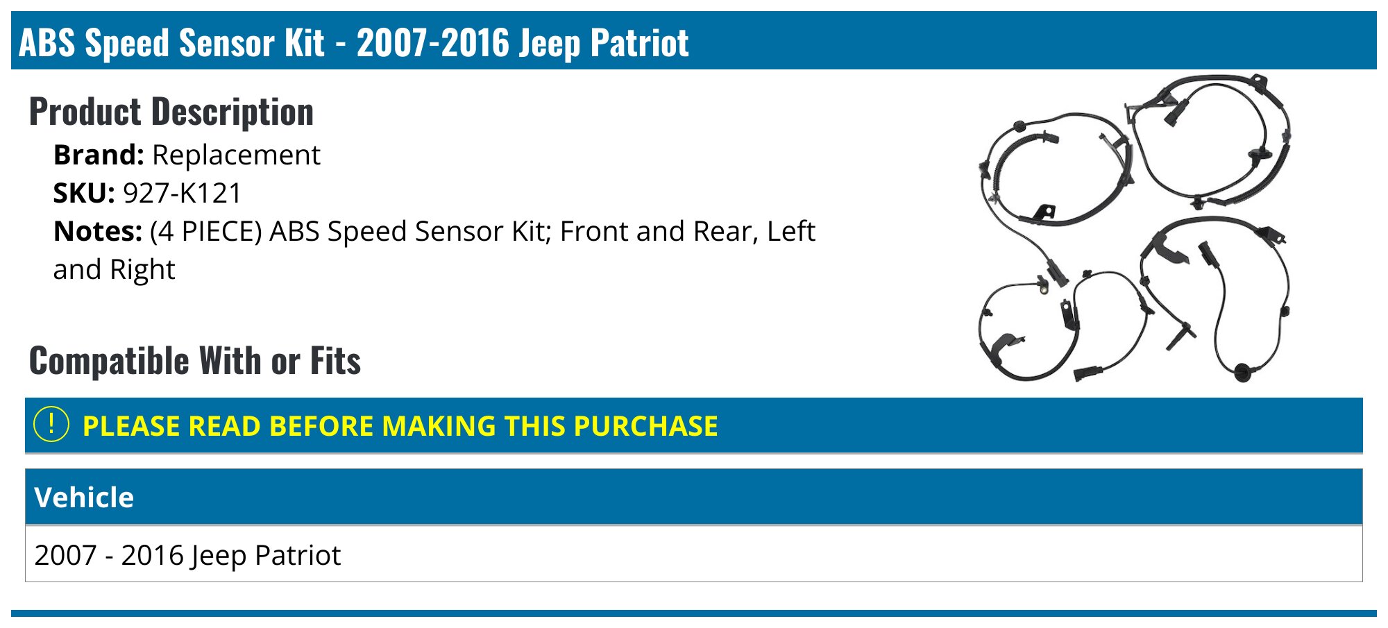 ABS Speed Sensor Set of 4 - 2007-2016 Jeep Patriot - Replacement 19027-02412740