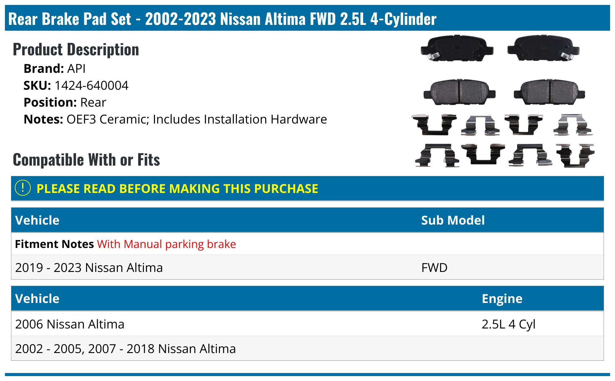 Rear Brake Pad Set - 2002-2024 Nissan Altima FWD 2.5L 4-Cylinder - API 6677-07844219