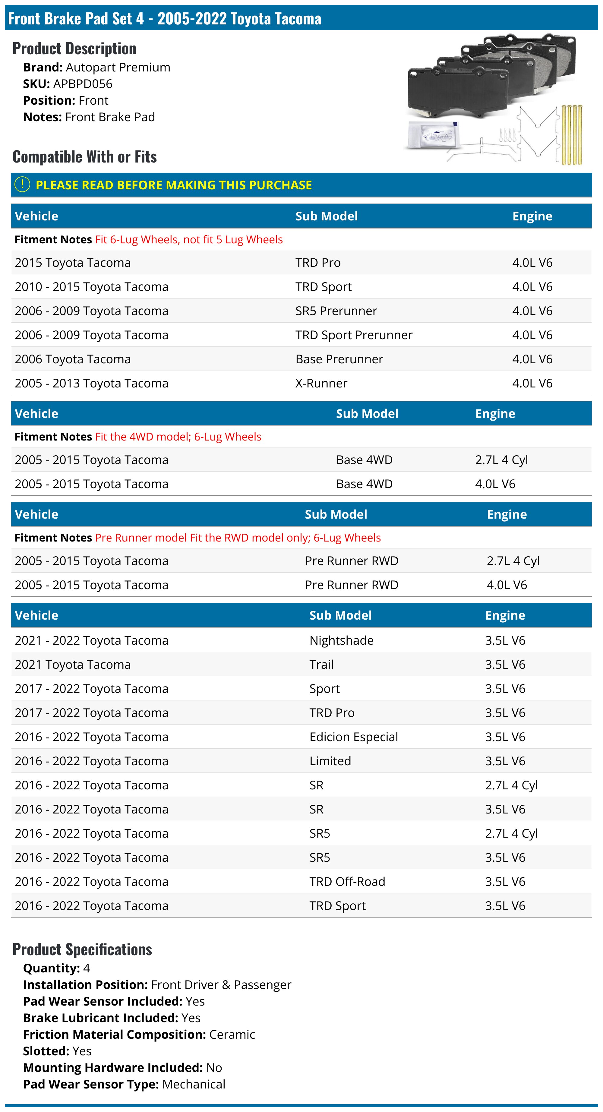 Front Brake Pad Set - 2005-2022 Toyota Tacoma - Autopart Premium 18535-02201736