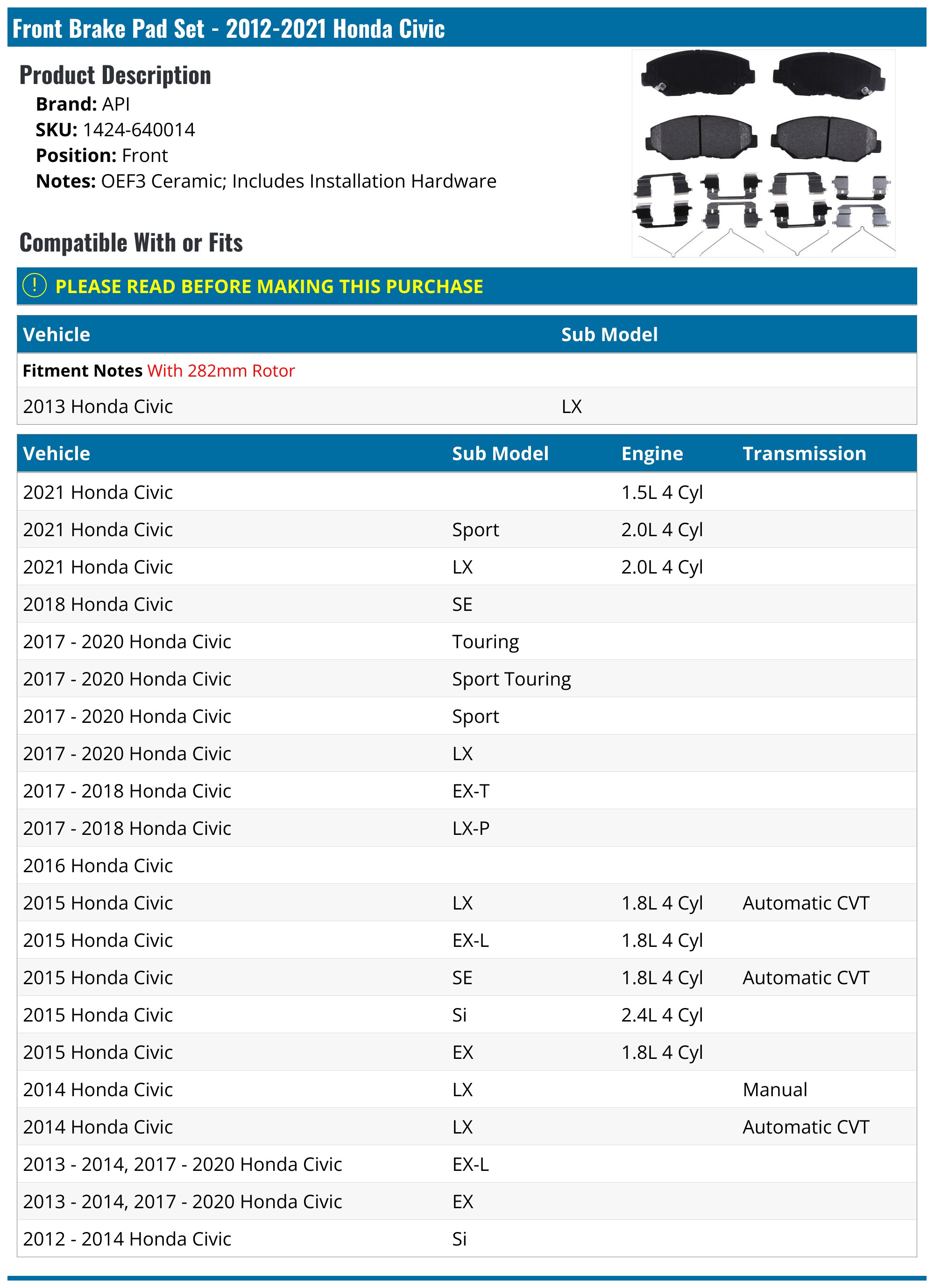 Front Brake Pad Set - 2012-2021 Honda Civic - API 118456-07570243